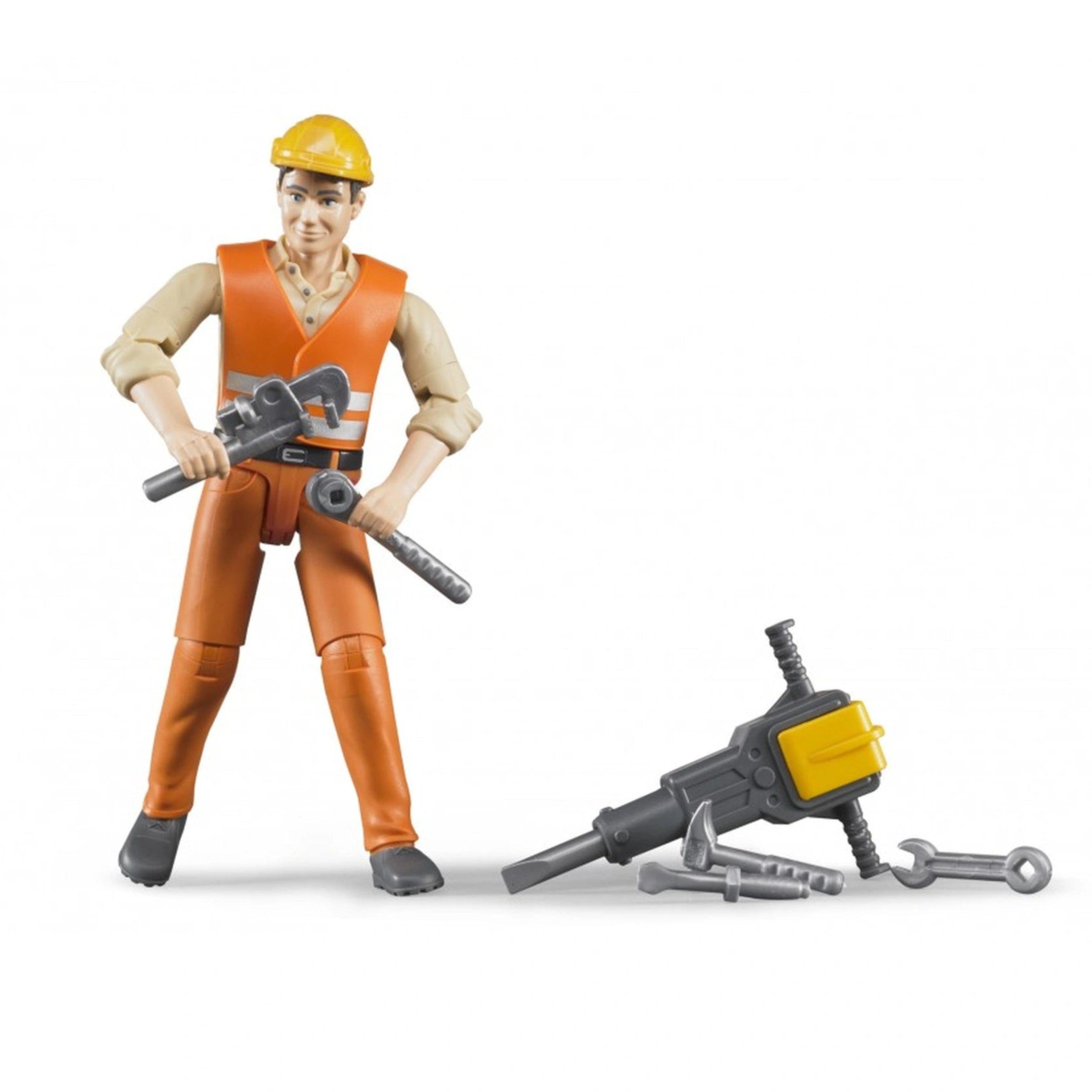Construction worker toy with orange vest and hard hat, holding tools and standing beside more accessories.