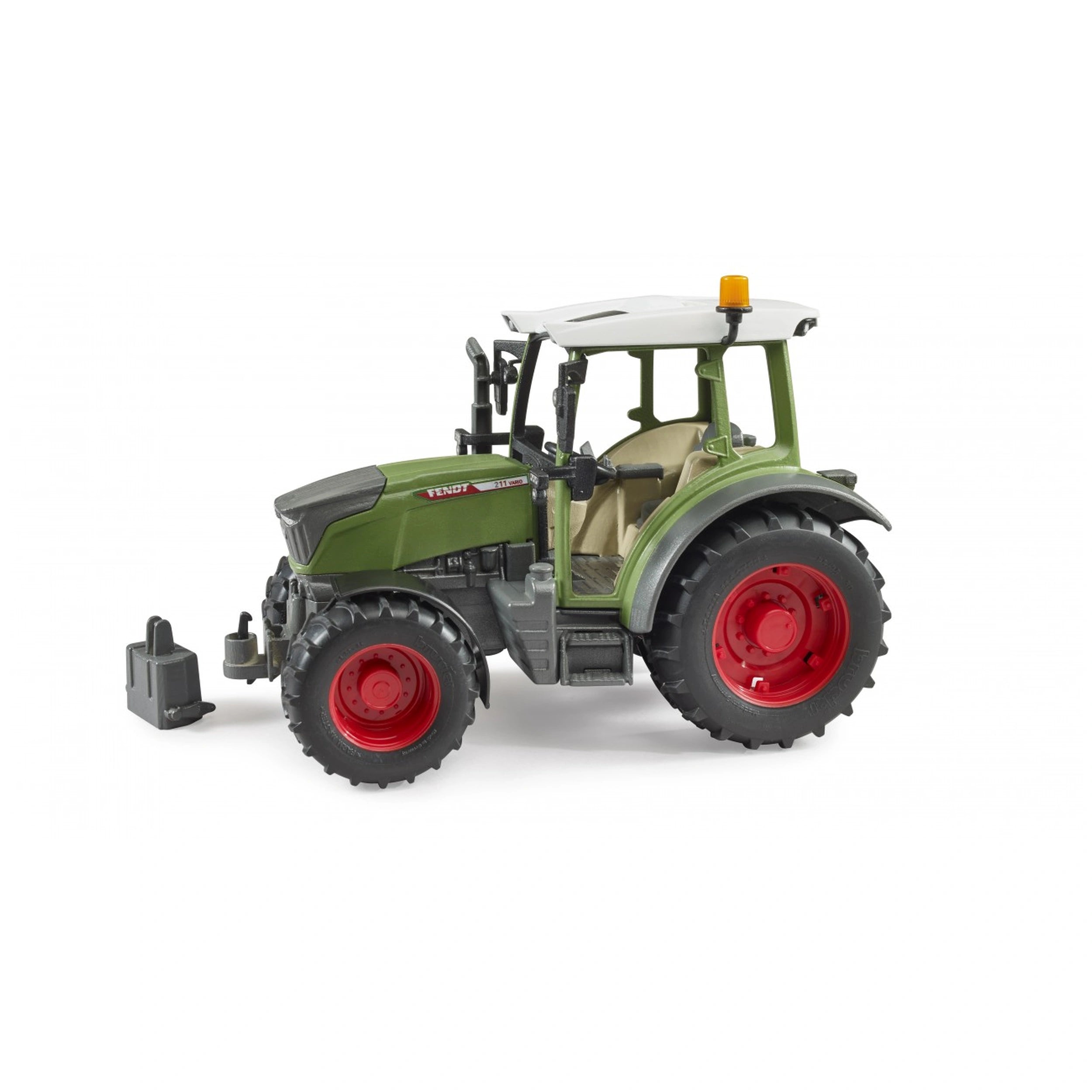 Bruder Fendt Vario 211 toy tractor, green body, red wheels, white roof, side view.