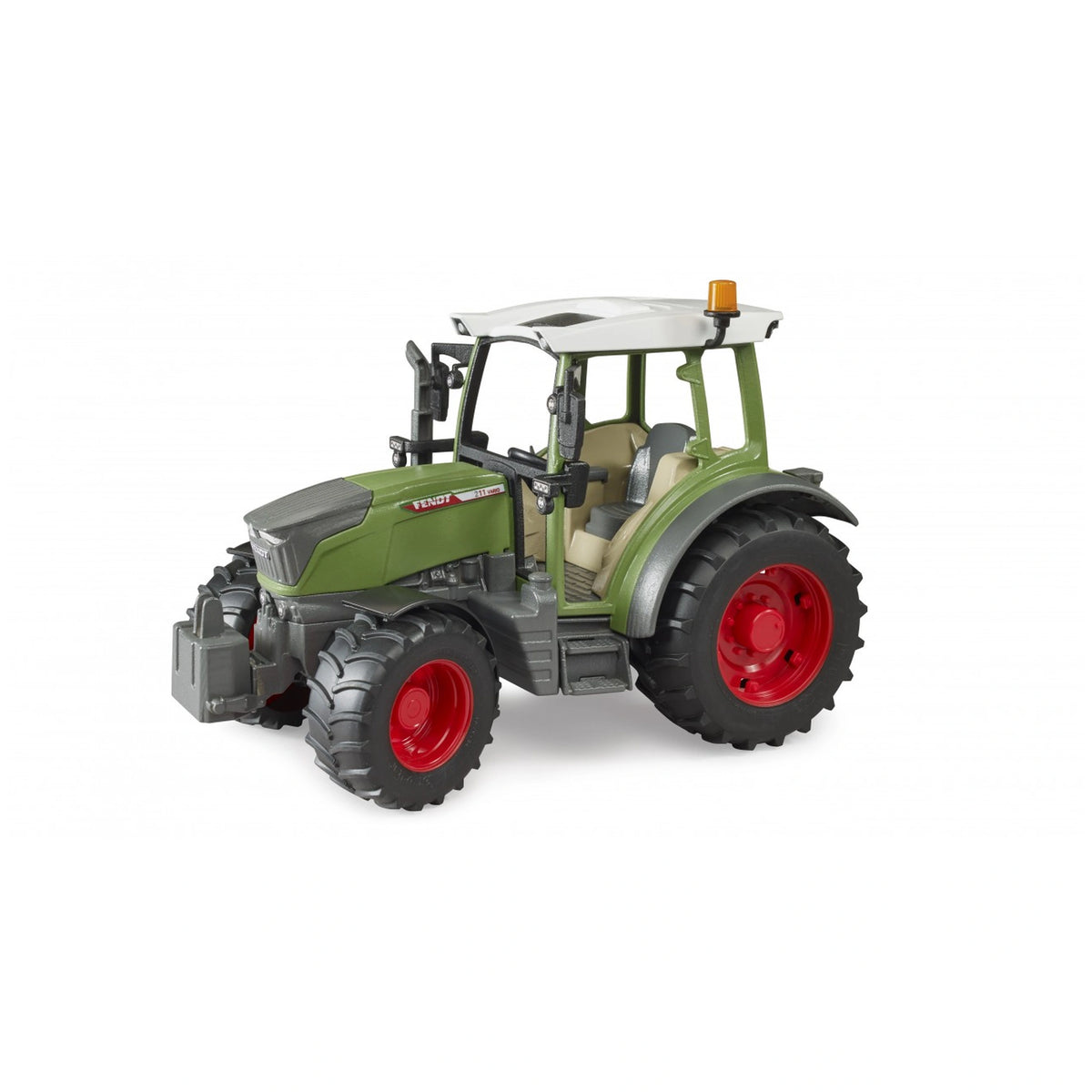Green and red Bruder Fendt Vario 211 toy tractor with a white cab, featuring realistic details, scale 1:16.