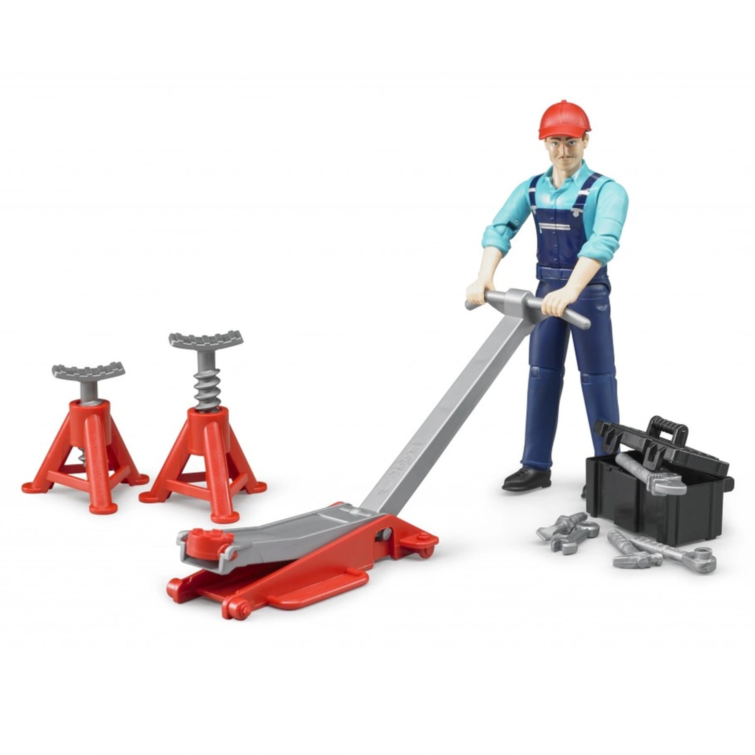 Mechanic figure with red cap using a jack, surrounded by garage tools and stands, ideal for imaginative play.