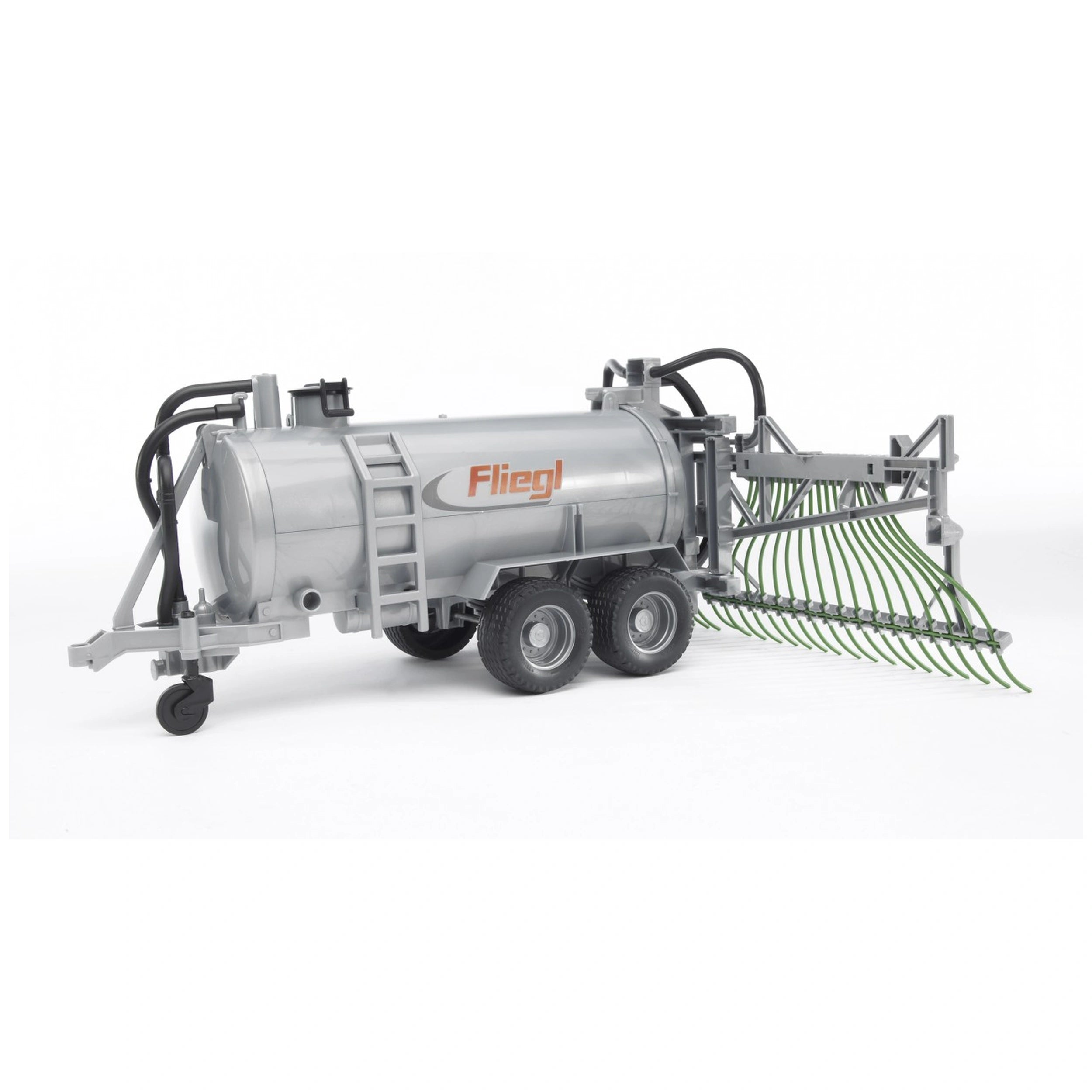 Bruder Fliegl Barrel Trailer, silver with spread tubes, detailed design, two-axle, rubber tires.