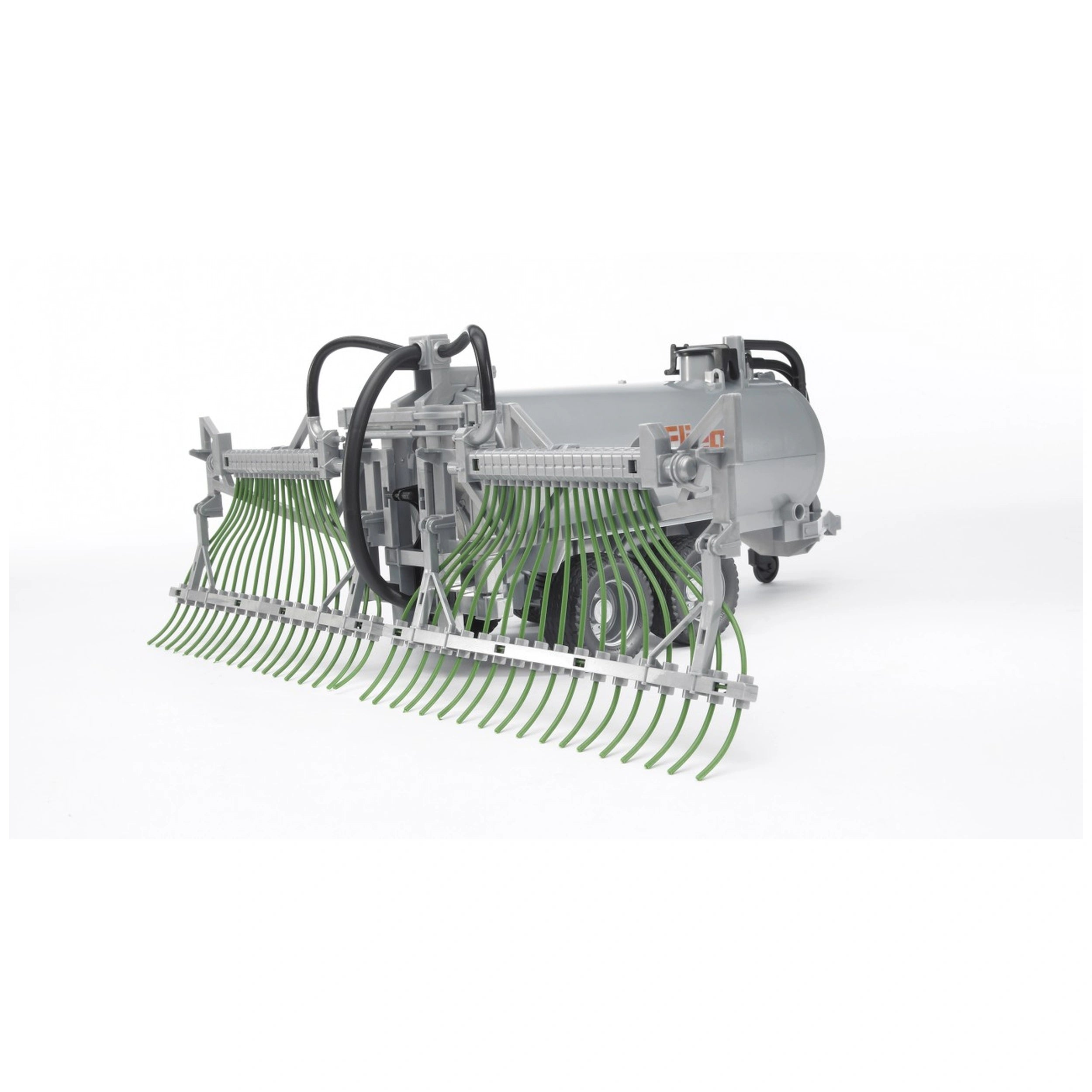Bruder Fliegl barrel trailer with green spread tubes, gray tank, and black hoses, showcasing realistic design details.