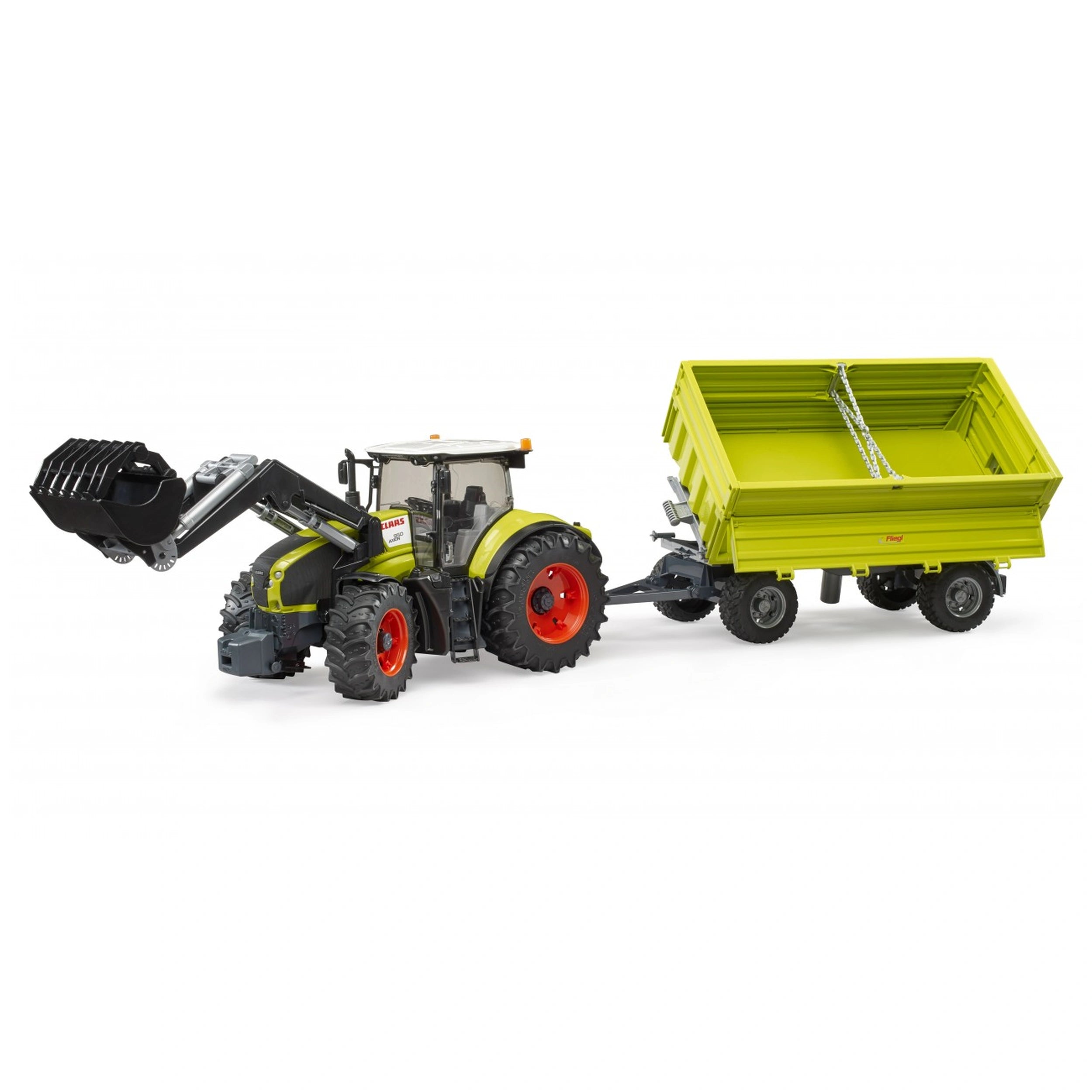 Claas tractor with front loader, towing a lime green Fliegl three-way dumper, displayed at a 1:16 scale.