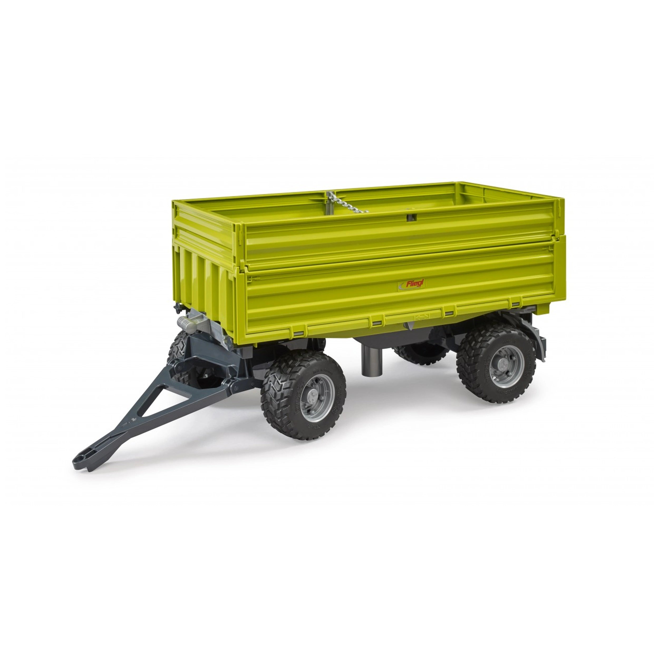 Green Bruder Fliegl three-way dumper toy with removable top, detailed wheels, and gray steering hitch on a white background.