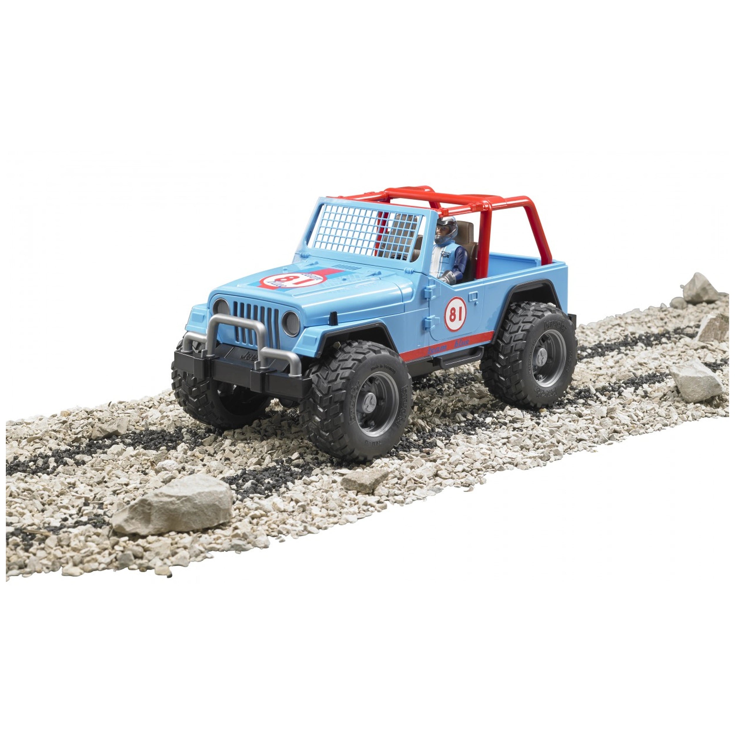 Blue Bruder Jeep Cross Country Racer with driver, red roll cage, number 81, driving on rocky terrain.