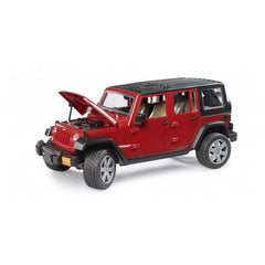 Red Bruder Jeep Wrangler Unlimited Rubicon toy with an open hood, rugged tires, and detailed interior design.