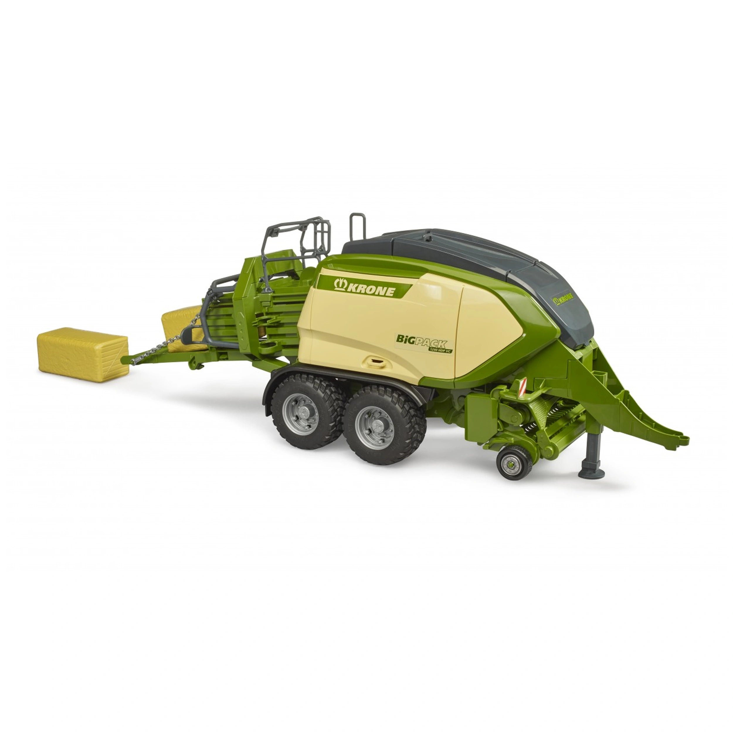 Bruder Krone BiG Pack 1290HDP VC toy baler with green and beige design, includes 2 block hay bales.