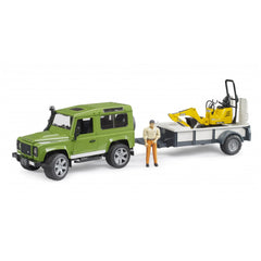 Green Land Rover Defender toy with trailer, yellow JCB excavator, and a construction worker figure.