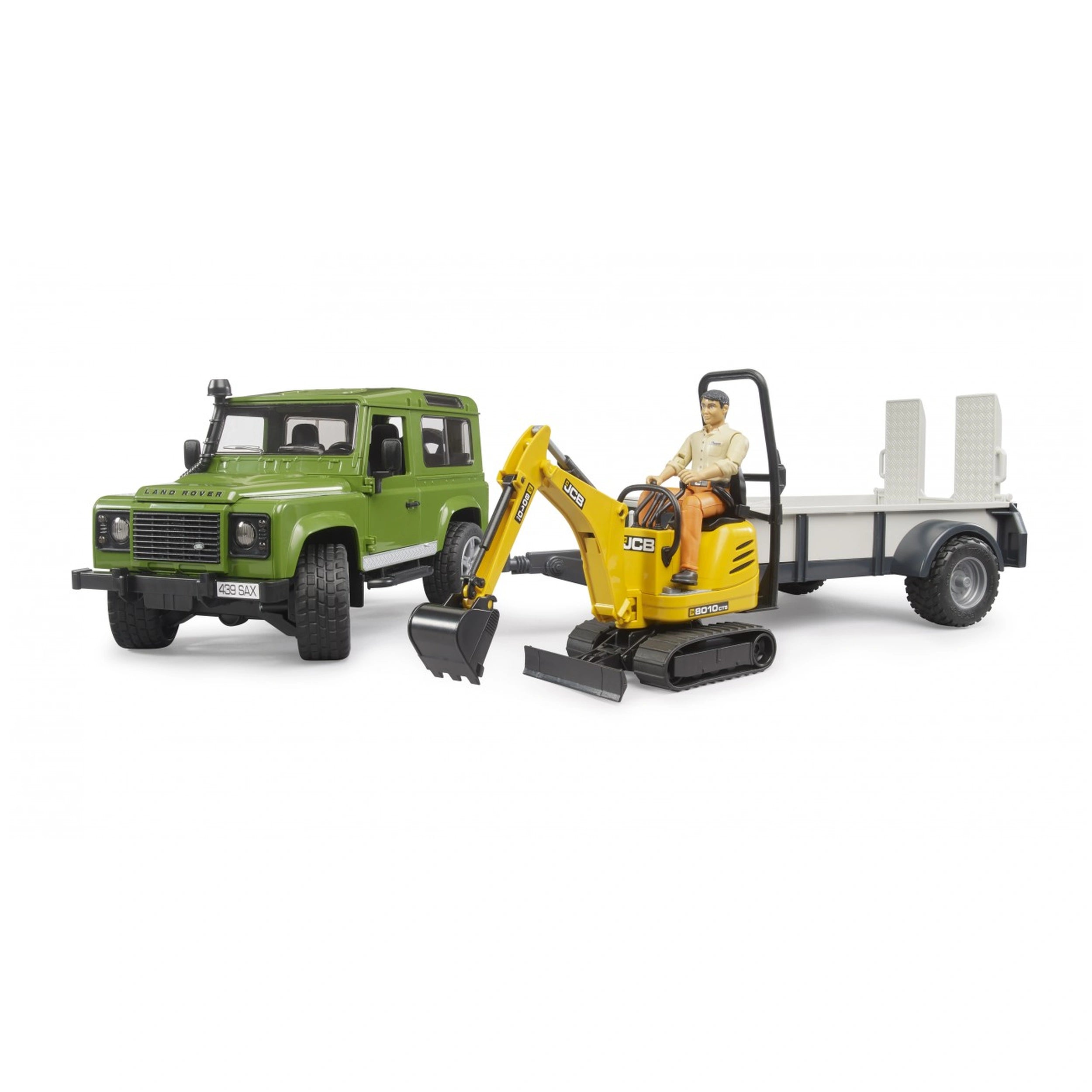 Green Land Rover Defender with trailer and yellow JCB excavator featuring a construction worker figure.