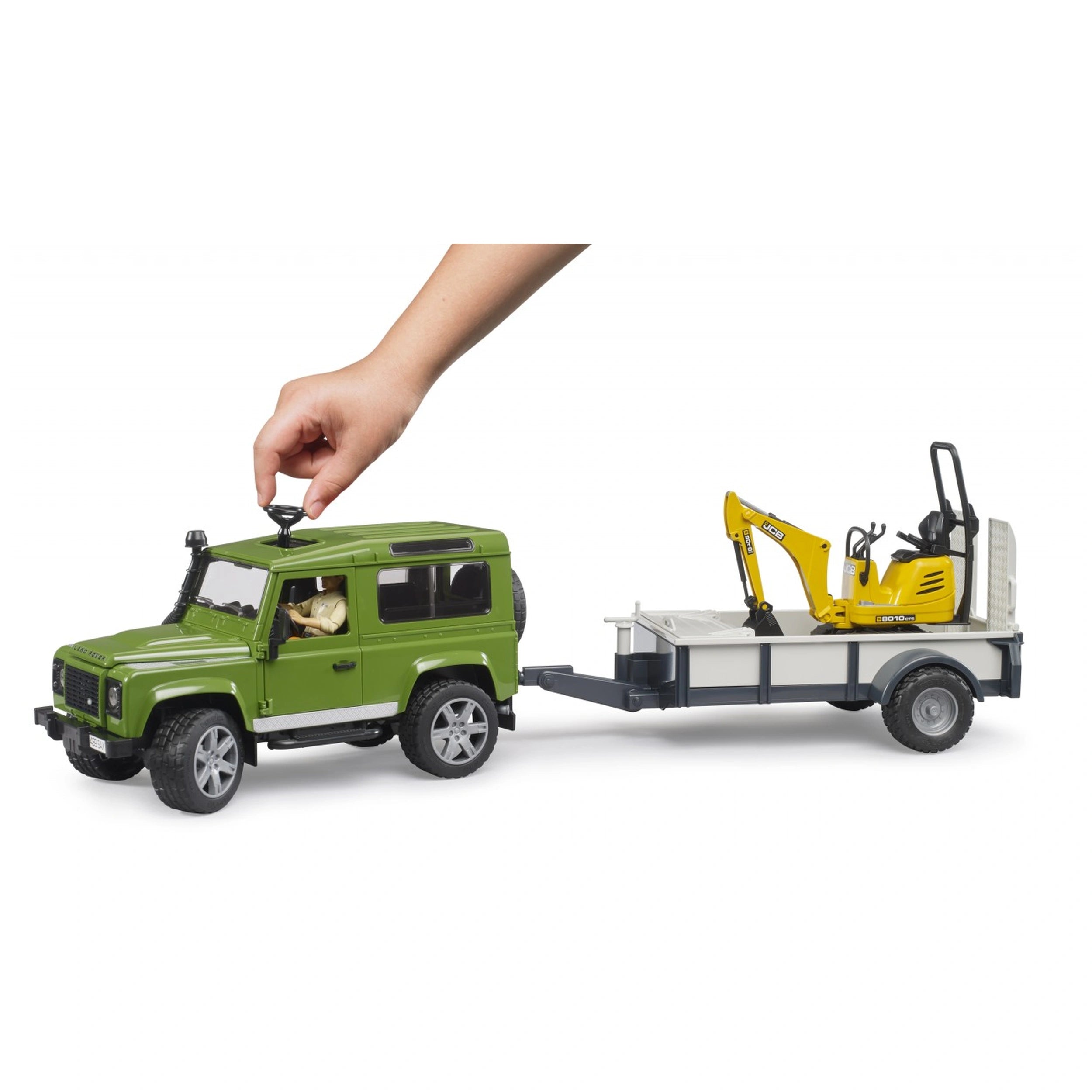 Green Land Rover with trailer, yellow JCB excavator, and a construction worker figure, showcasing realistic play features.