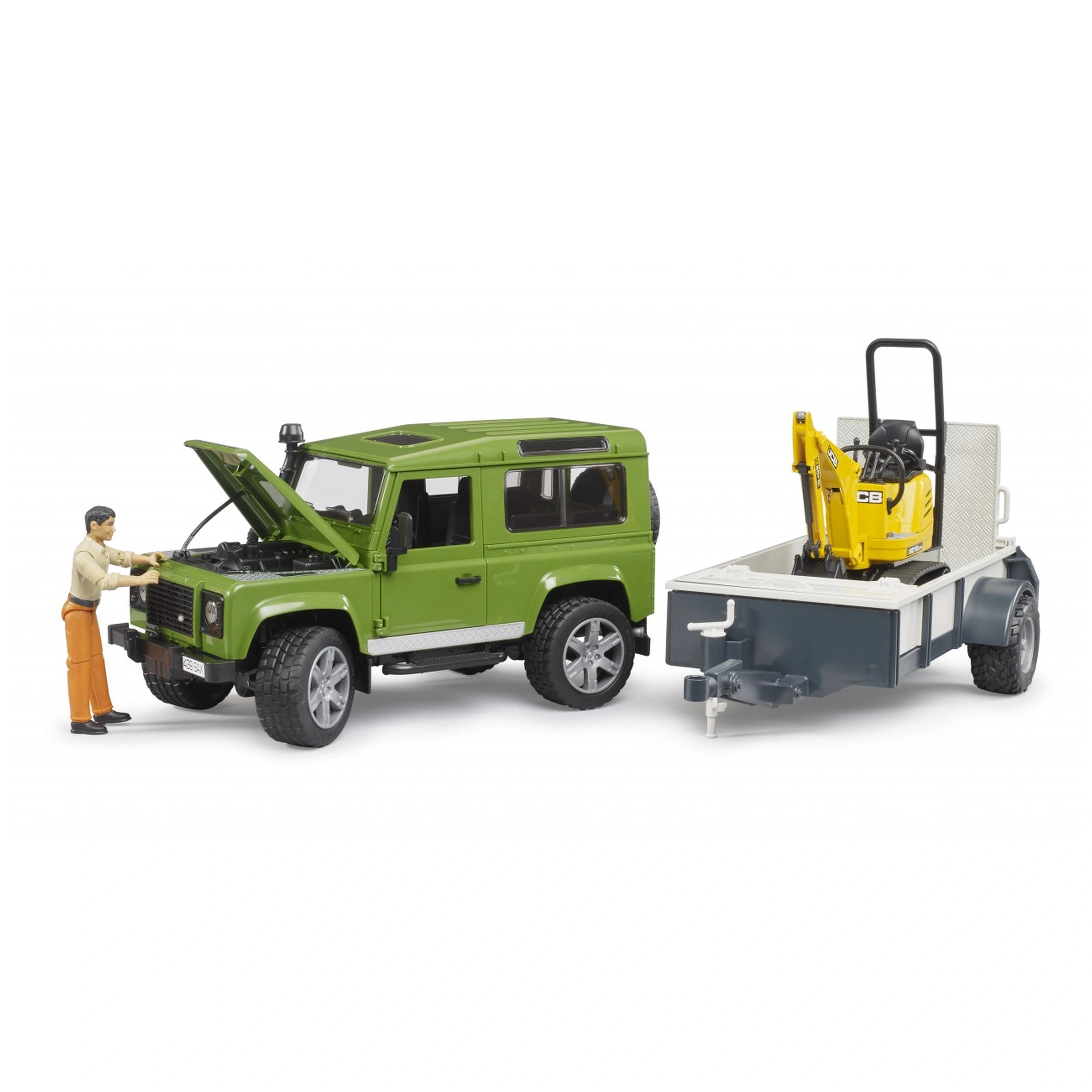 Green Land Rover Defender with trailer carrying JCB excavator, features detailed construction worker figure.