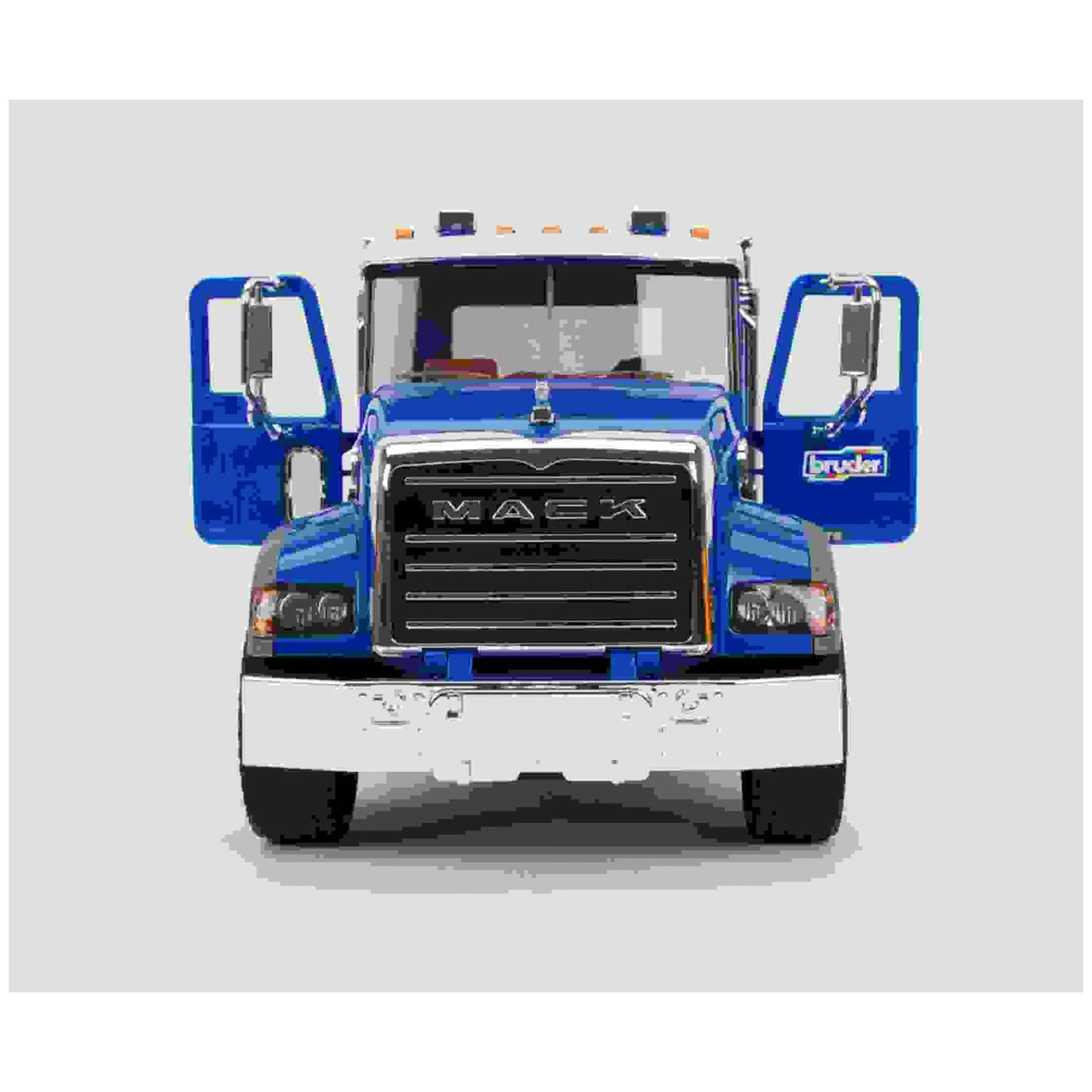 Blue Bruder Mack Granite Cement Mixer toy truck with open doors and detailed chrome front.