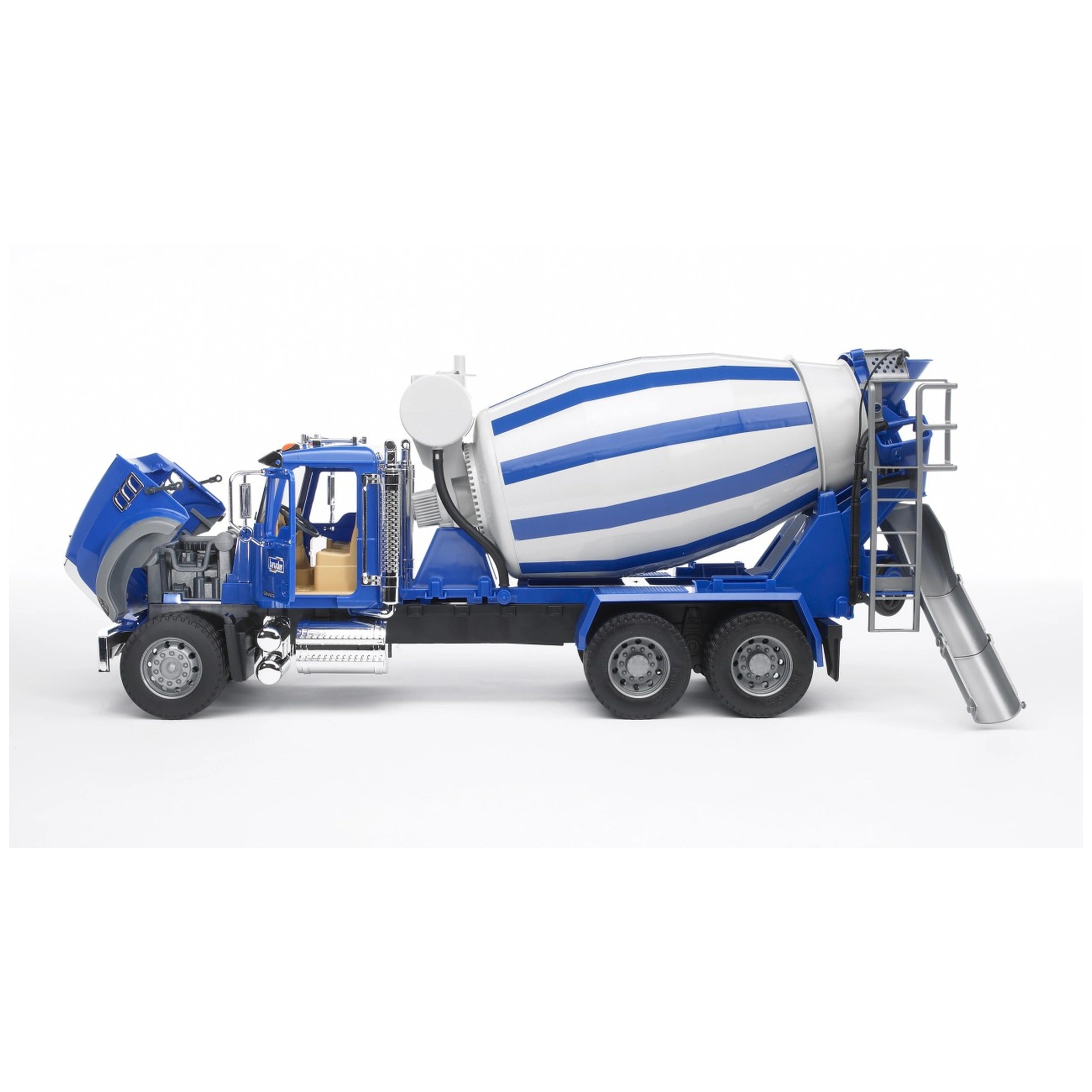 Blue and white Bruder MACK Granite Cement Mixer toy truck with open engine bonnet and detailed features.