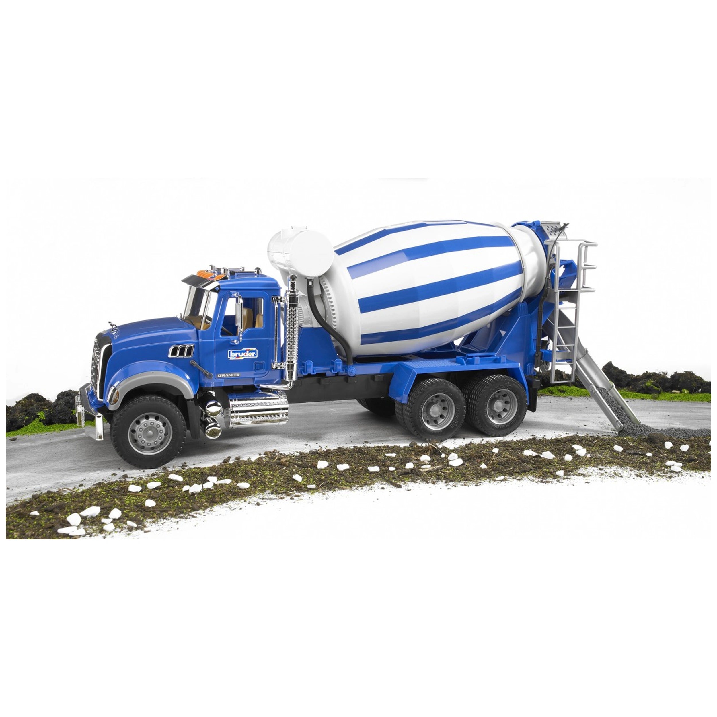 Blue Bruder Mack Granite Cement Mixer toy truck on paved road.