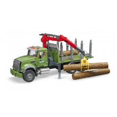 Bruder MACK Granite Timber Truck in green with red crane, yellow log grabber, and wooden logs, showcasing realistic design.