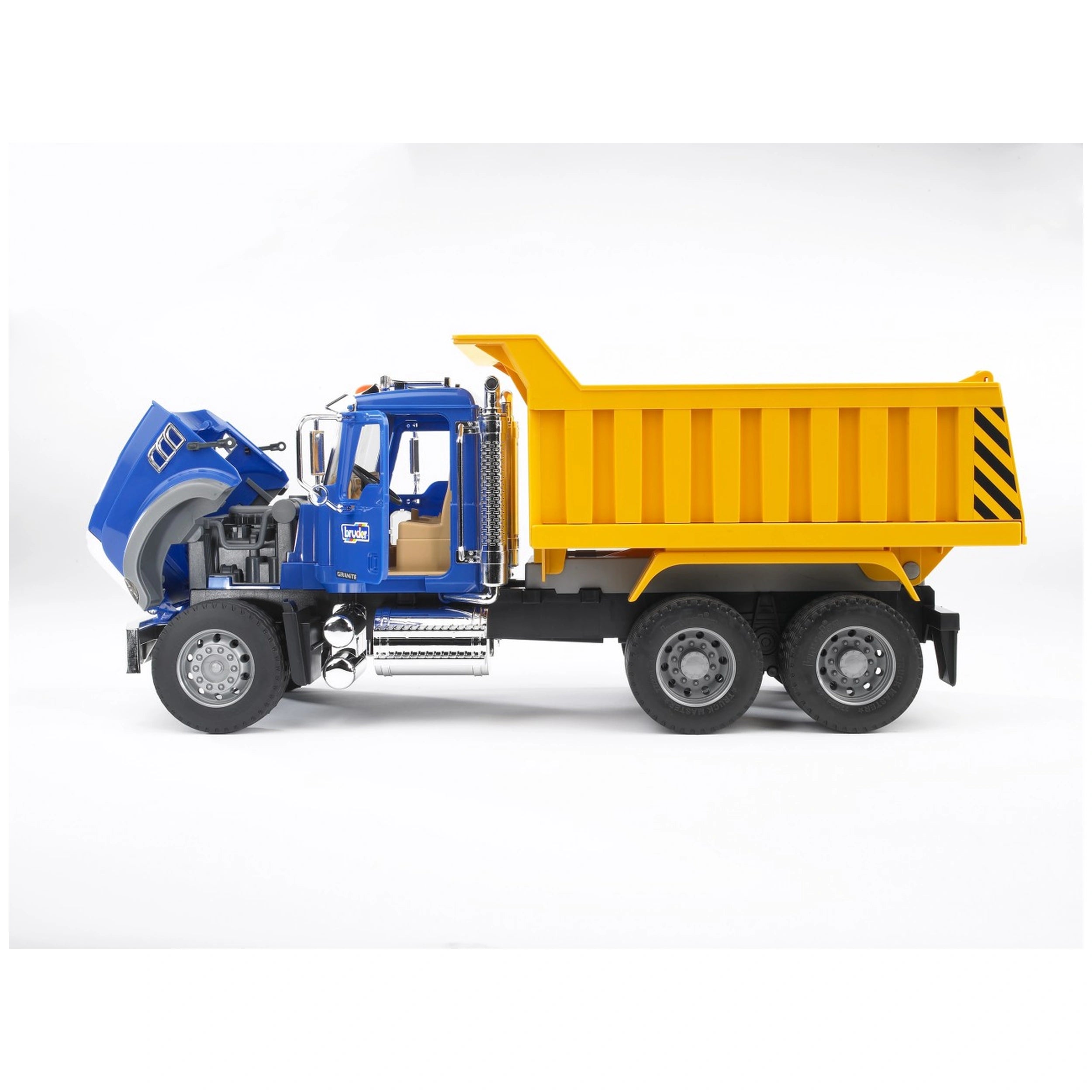Blue and yellow toy dump truck with open hood, revealing engine details, side view.