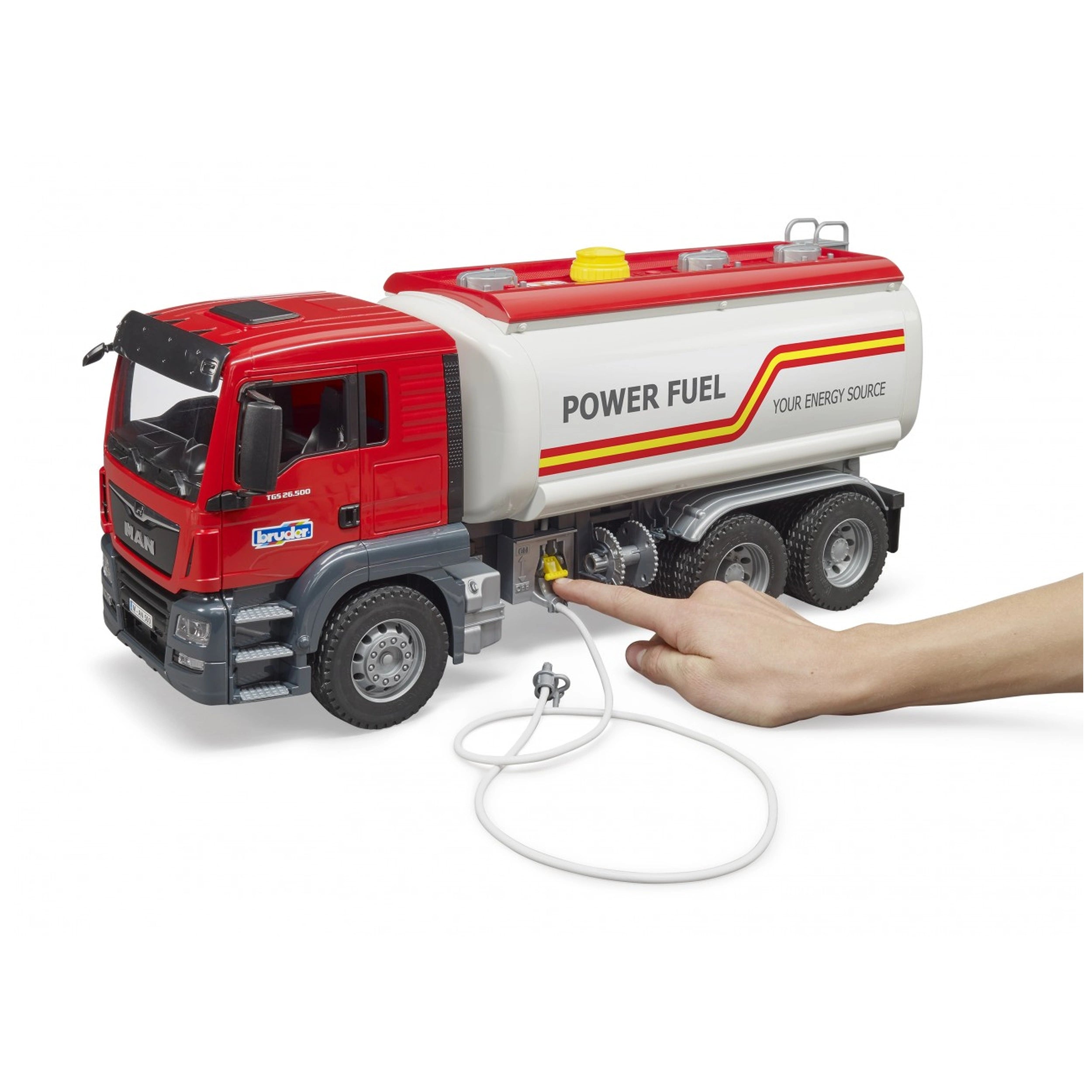 Red and white Bruder MAN TGS tank truck toy with hand operating side lever, highlighting interactive features.