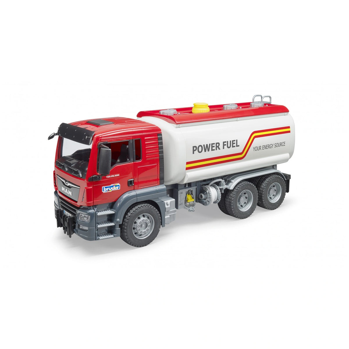 Red and white Bruder MAN TGS tank truck toy, featuring "Power Fuel" text on the side with realistic details.