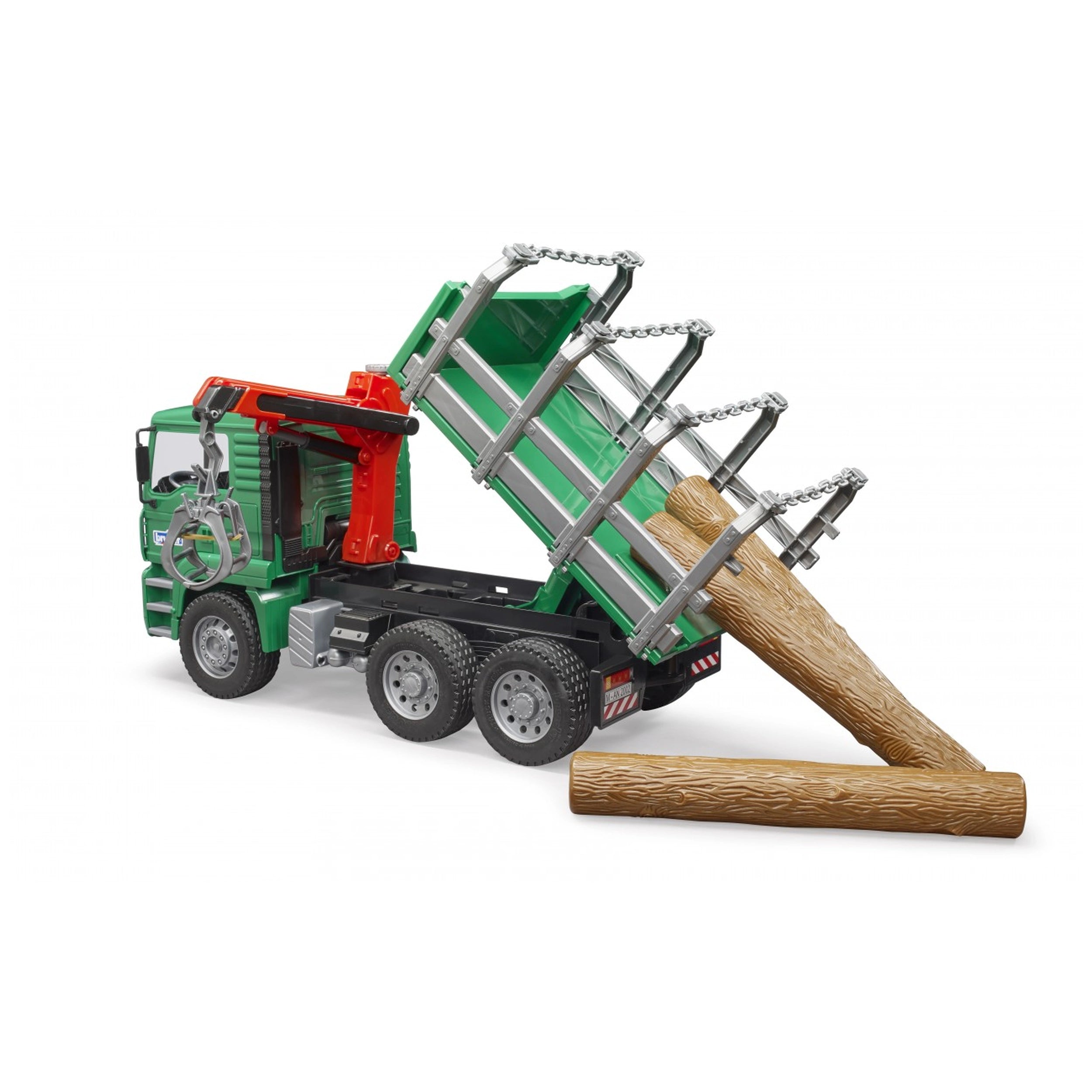 Green Bruder MAN Timber Truck with crane unloading logs, showing realistic features and detailed construction design.
