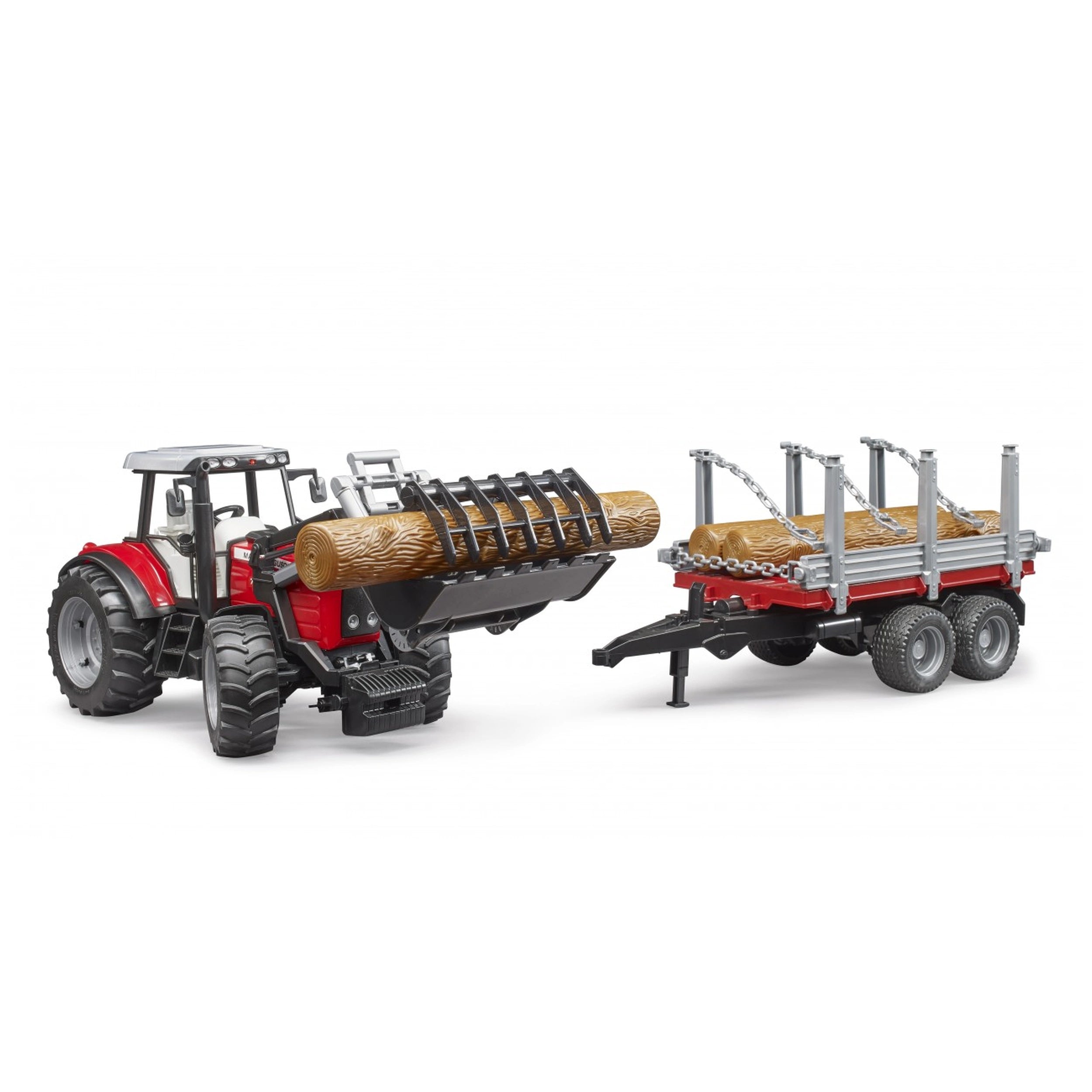 Massey Ferguson toy tractor with front loader carrying logs, attached to a timber trailer with chains.