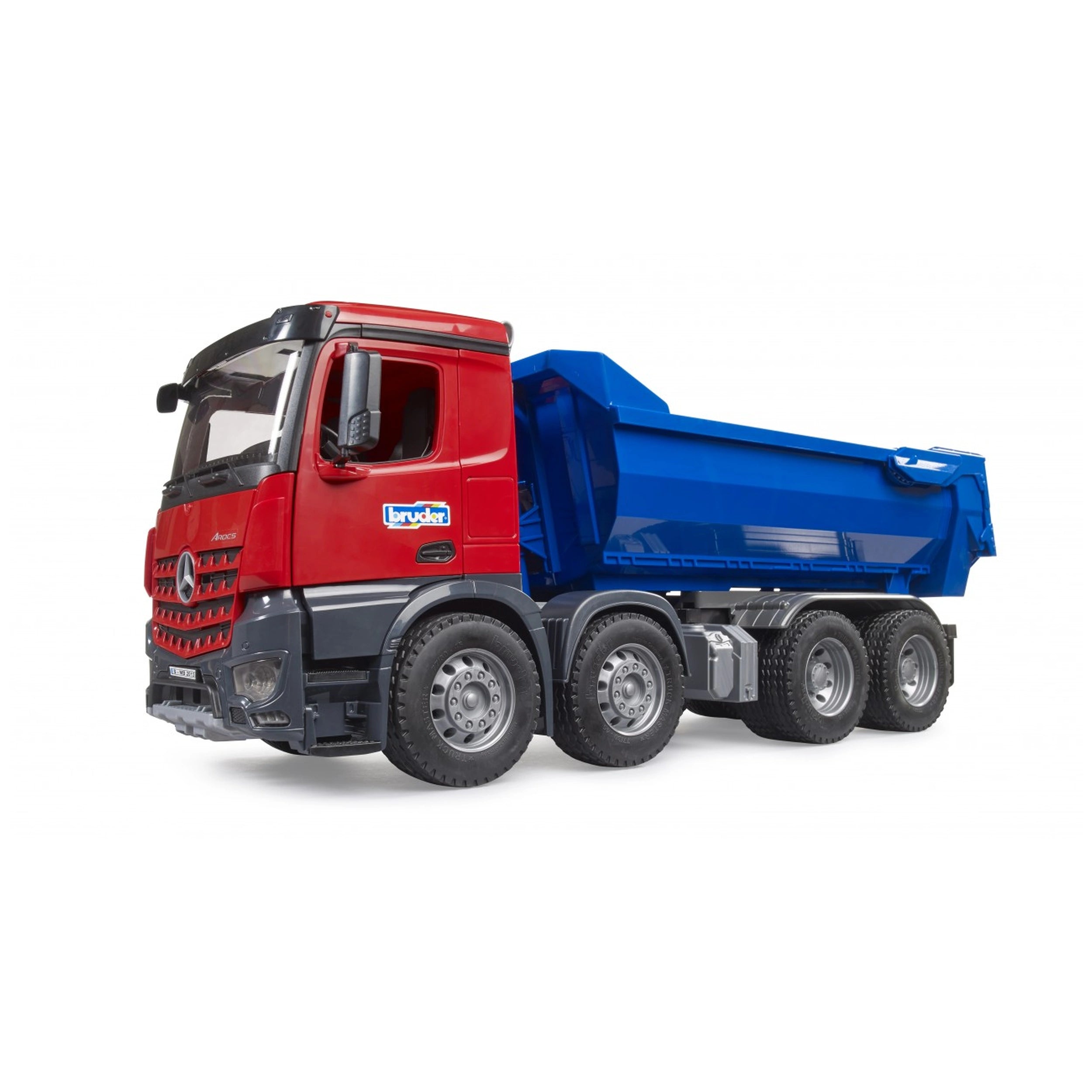 Red and blue Bruder MB Arocs Halfpipe Tipper Truck toy with six wheels, detailed grille, and realistic design.