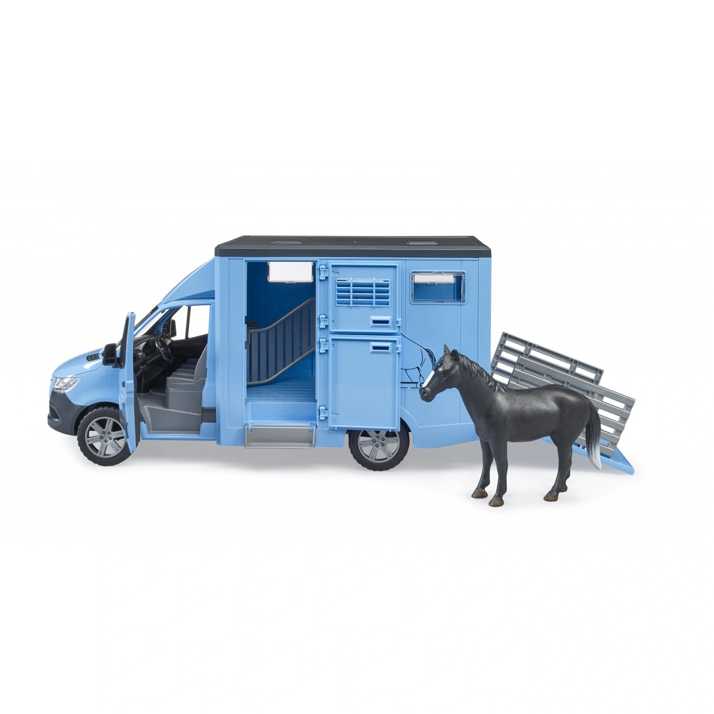 Blue toy vehicle with open doors and ramp, revealing an inner compartment. Includes a black horse figure beside the transporter.