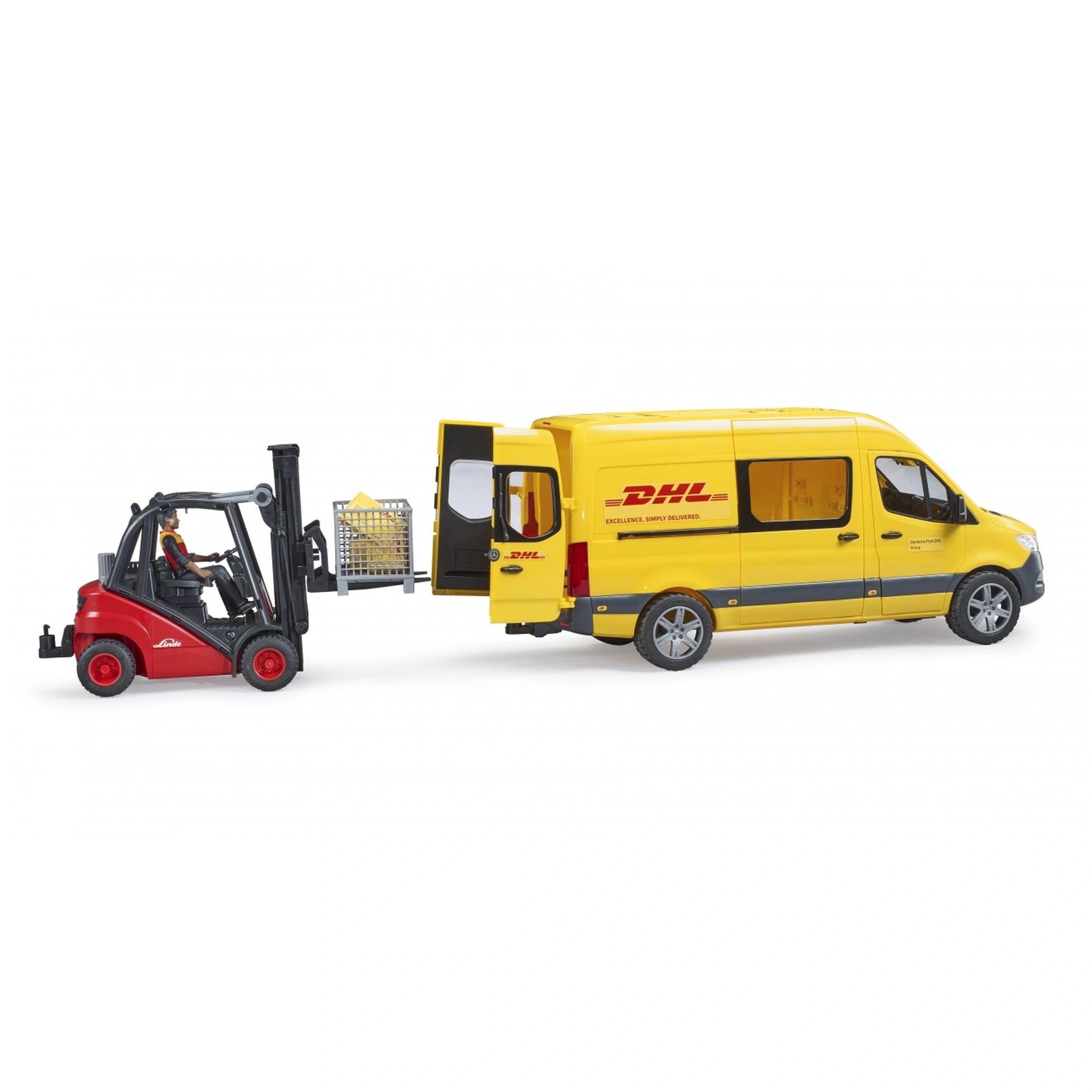 Yellow DHL toy van with open doors and a red forklift loading packages.