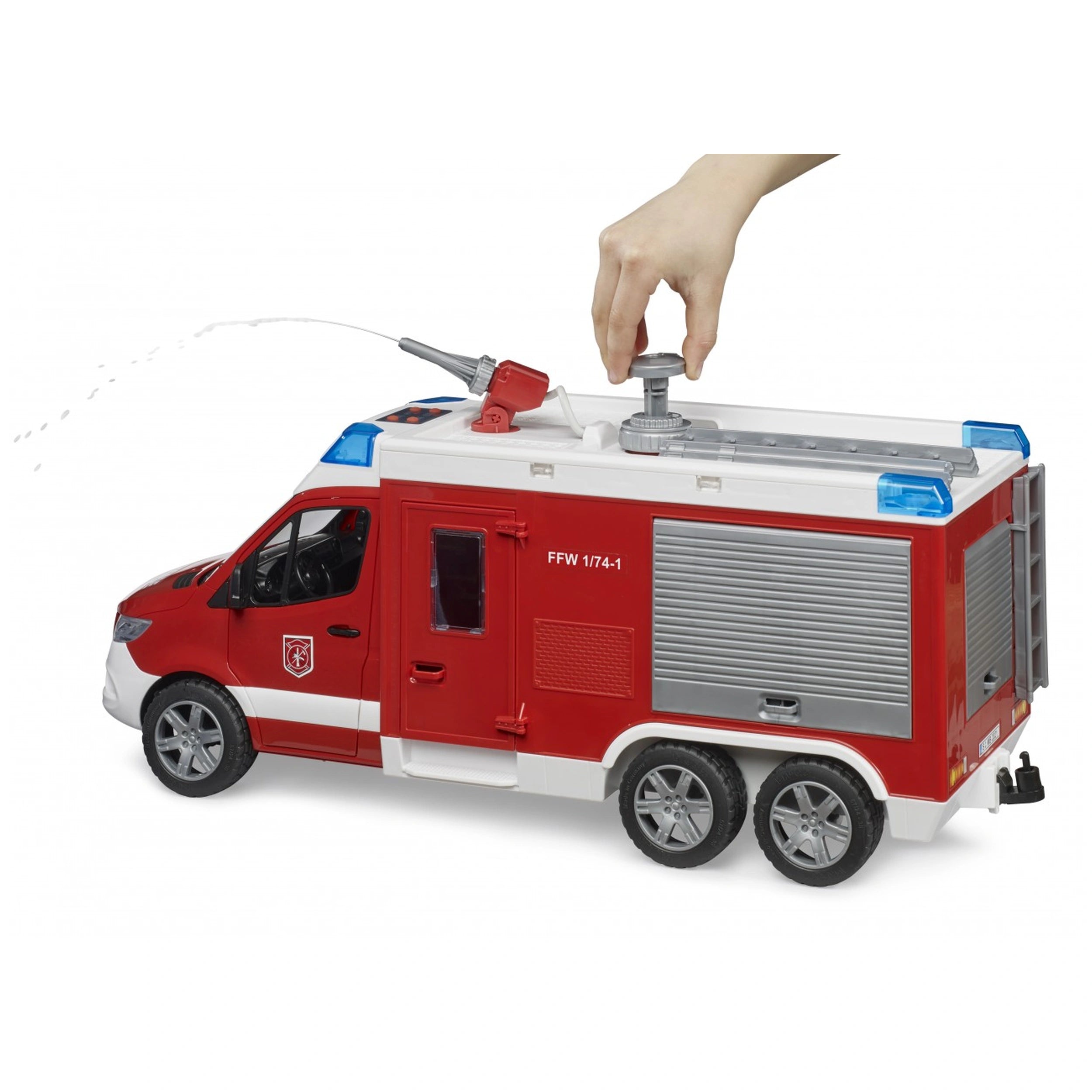 Red and white toy fire rescue vehicle with water hose, a hand operating the water pump, detailed design, blue lights on top.