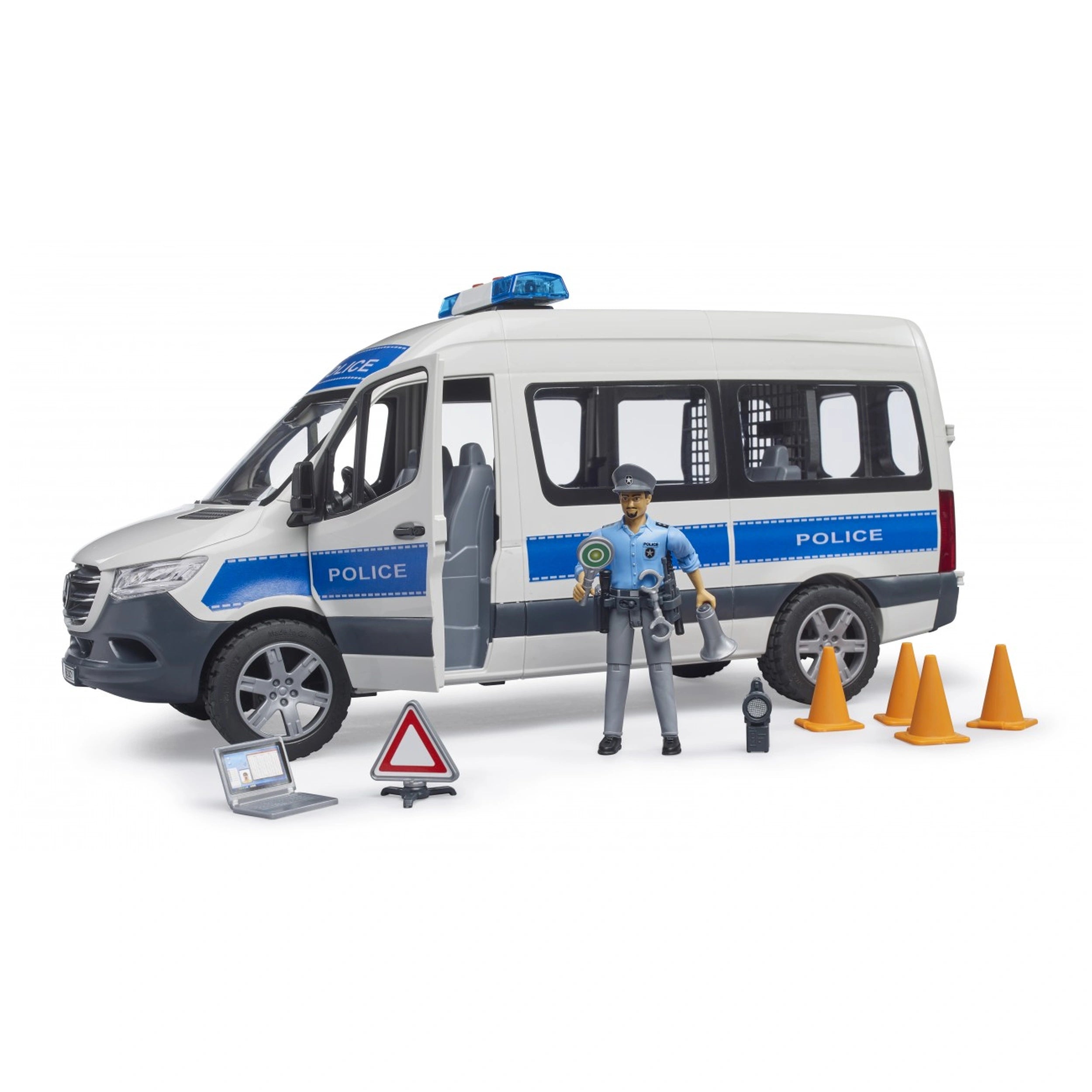 Bruder MB Sprinter police van with open doors, officer figure, cones, laptop, and traffic sign.