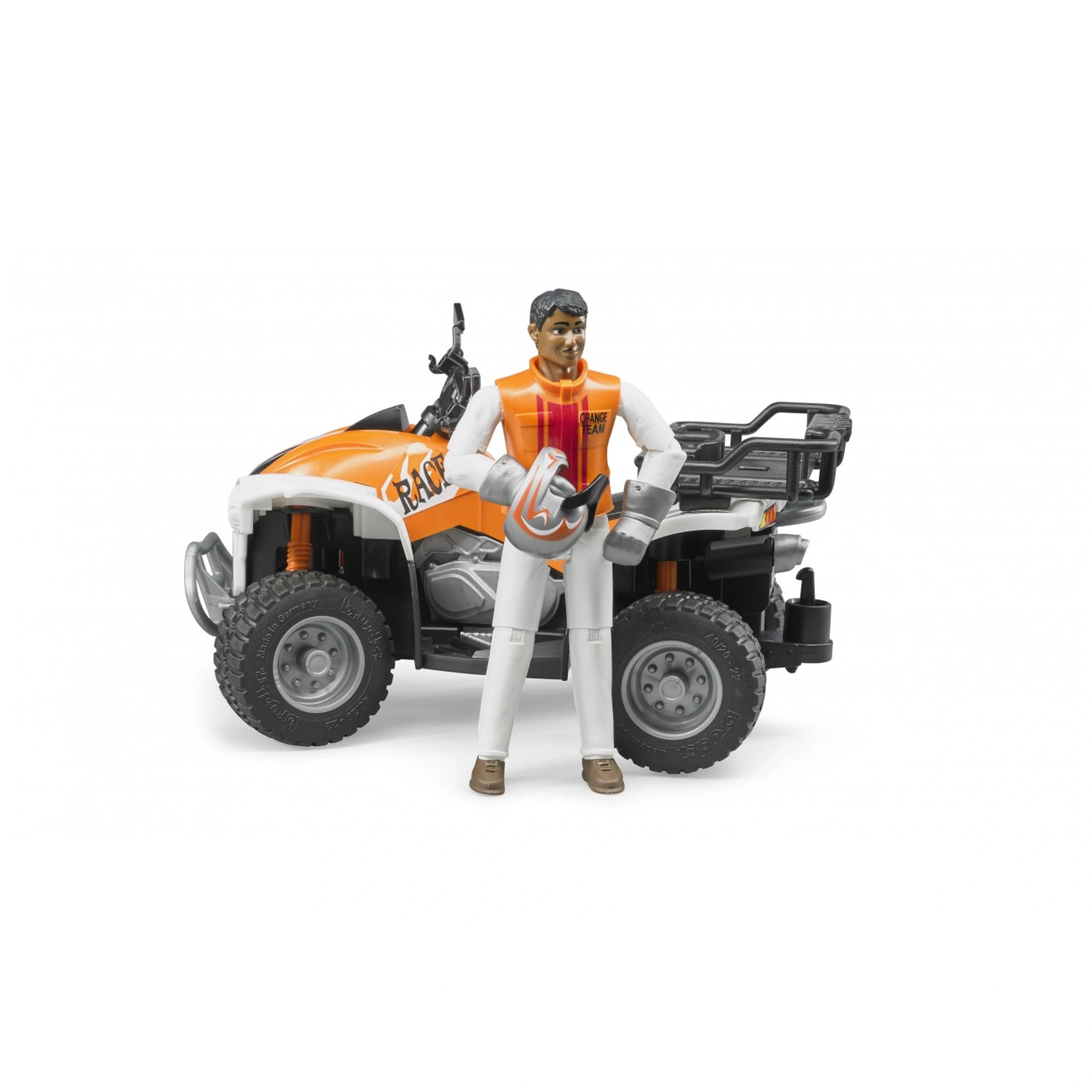 Toy quad with driver in orange vest, featuring detailed wheels and handlebars, ideal for imaginative off-road play.