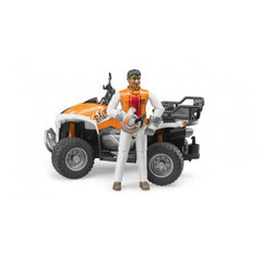 Toy quad with driver in orange vest, featuring detailed wheels and handlebars, ideal for imaginative off-road play.