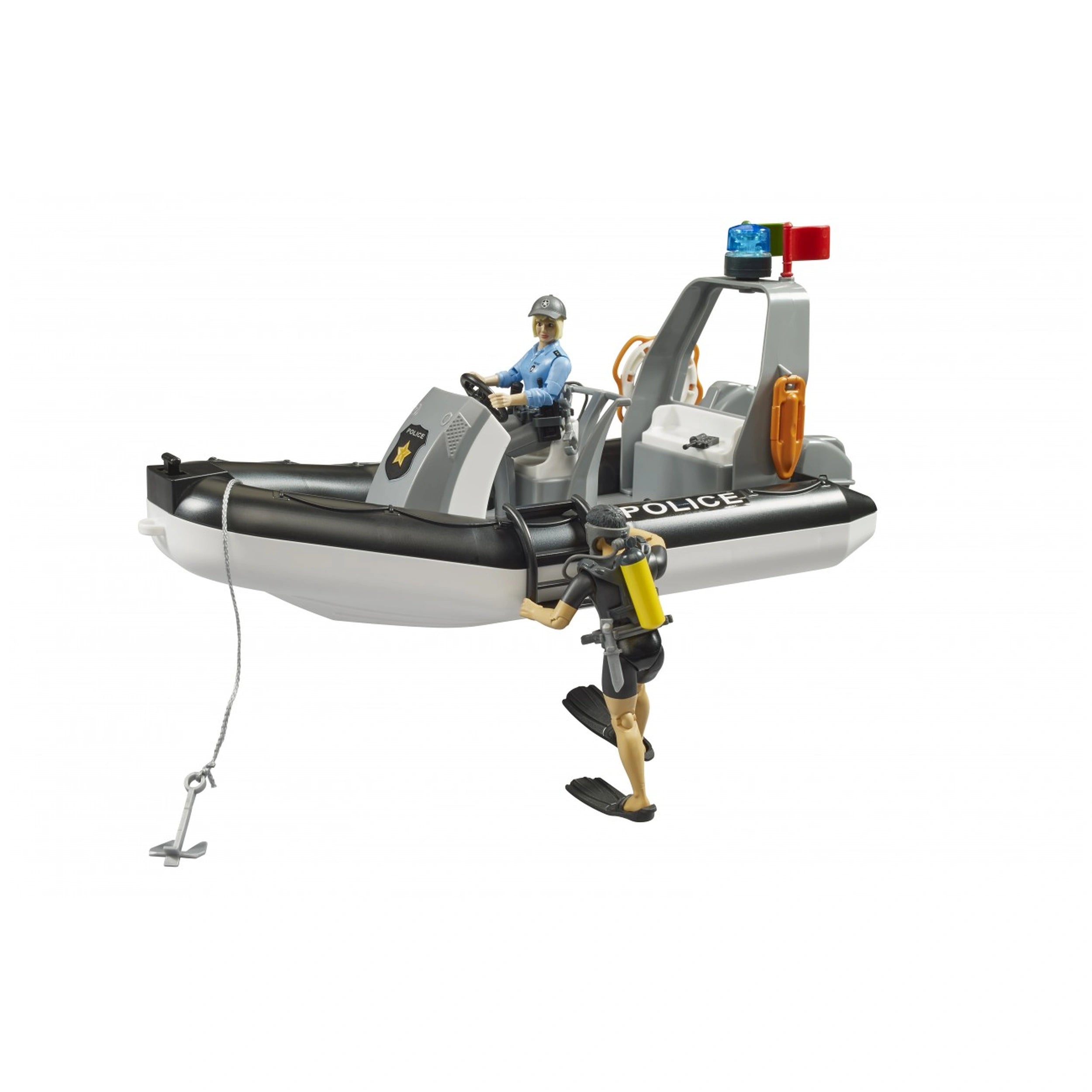 Police boat toy with a figure in uniform steering and a diver figure climbing aboard, featuring realistic details.