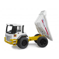 White and yellow Bruder ROADMAX dumper truck toy with raised bed and black tires.