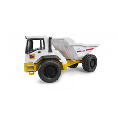 Bruder ROADMAX Dumper toy truck, white and yellow with large black wheels and an articulated cab.