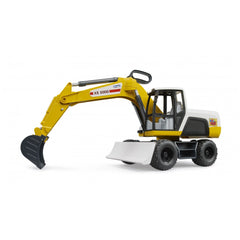 Yellow Bruder ROADMAX Excavator toy with bucket, central handle, and sturdy wheels, designed for young children.