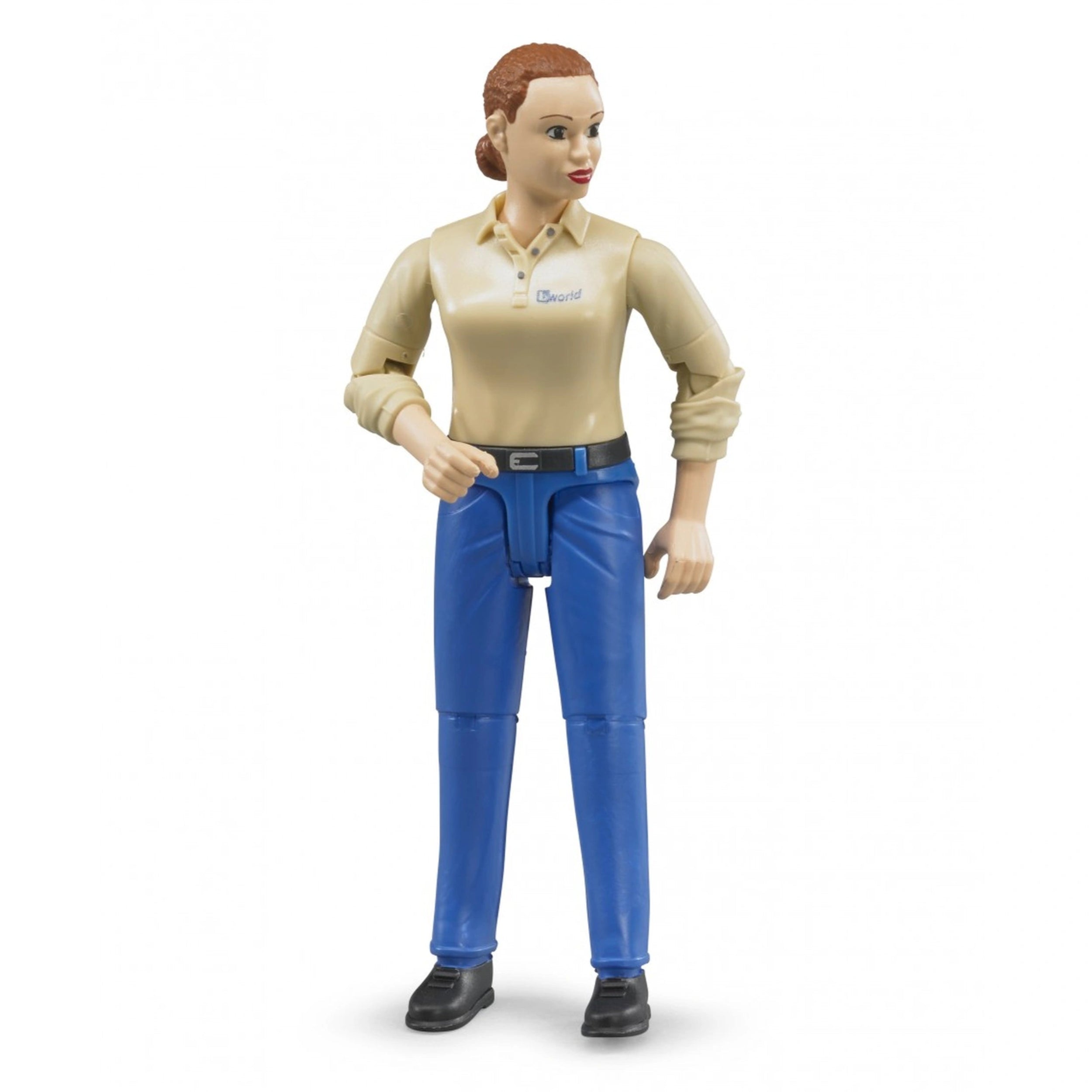 Bruder action figure with light skin, beige shirt, blue trousers, and black shoes, standing with bent arm.