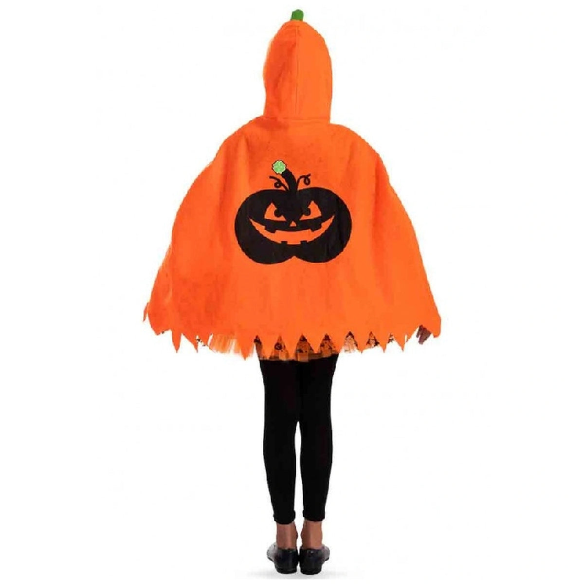 Carnival Toys - Orange Felt Cape With Hood And Black Pumpkin Print For Kids 65 Cm - Pretend Professions And Role Playing