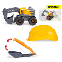 Dickie Toys - Volvo Tough Excavator Construction Playset for Kids Ages 3 Years+ - 4-Piece Sand and Garden Vehicle Set with Adjustable Builder Helmet, Shovel, Sieve Rake and 26 cm Free-Wheeling Digger