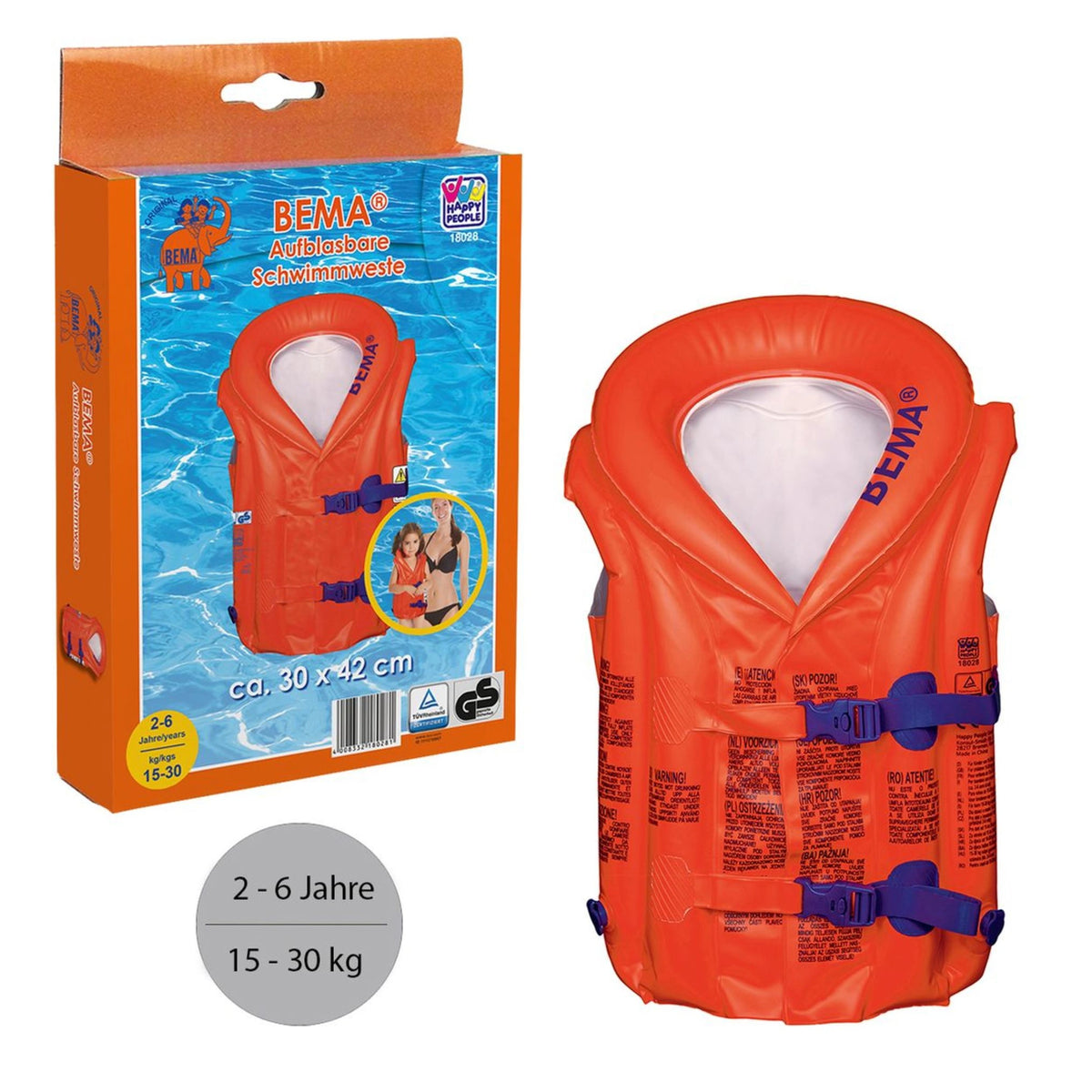 Happy People - Bema Aufblasbare Schwimmweste Für 2-6 Jahre 15-30Kg Orange/Blau 30X42Cm