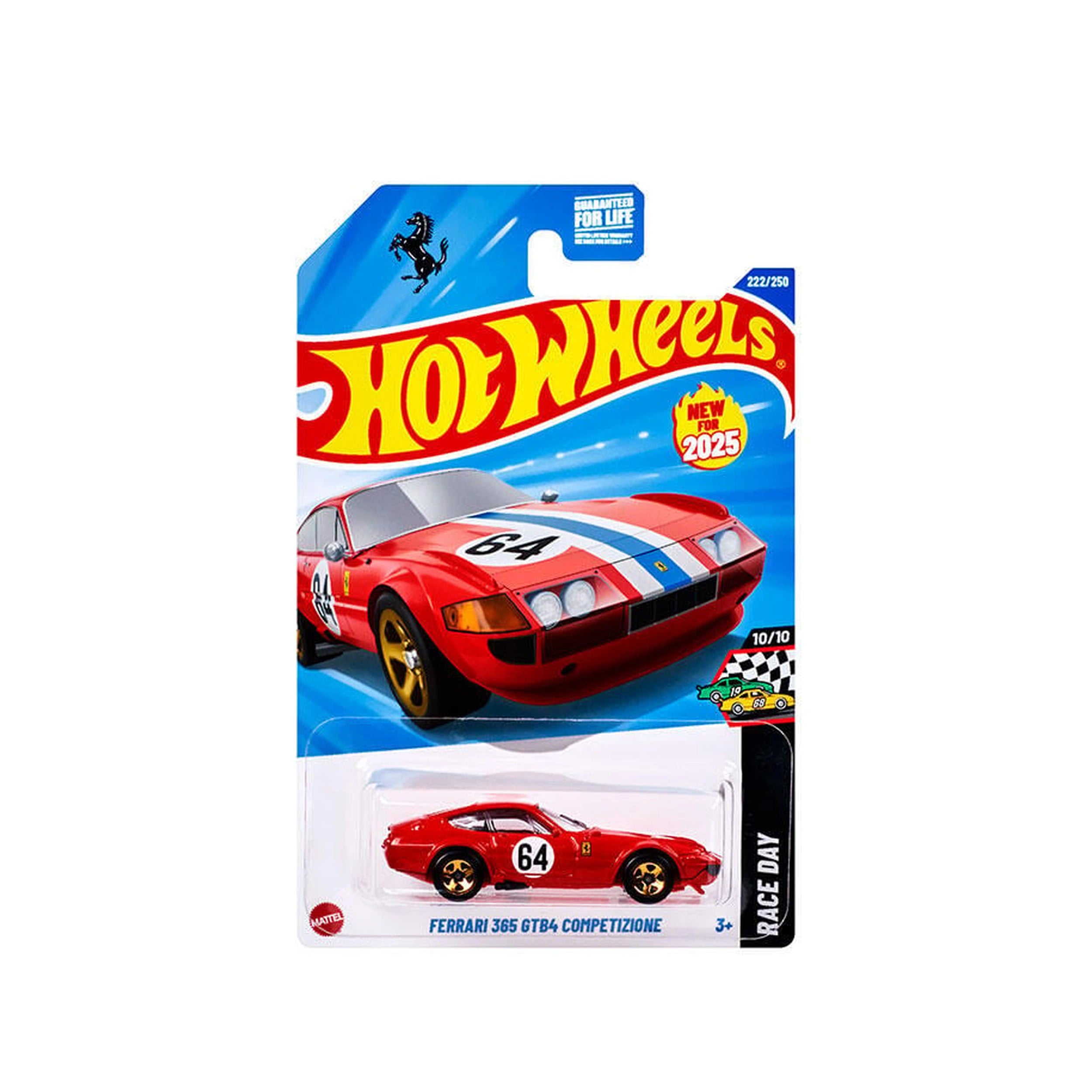 Hot Wheels HW Racing Track pack features a red Ferrari 360 GT4 die-cast vehicle with blue and white stripes in glossy packagi