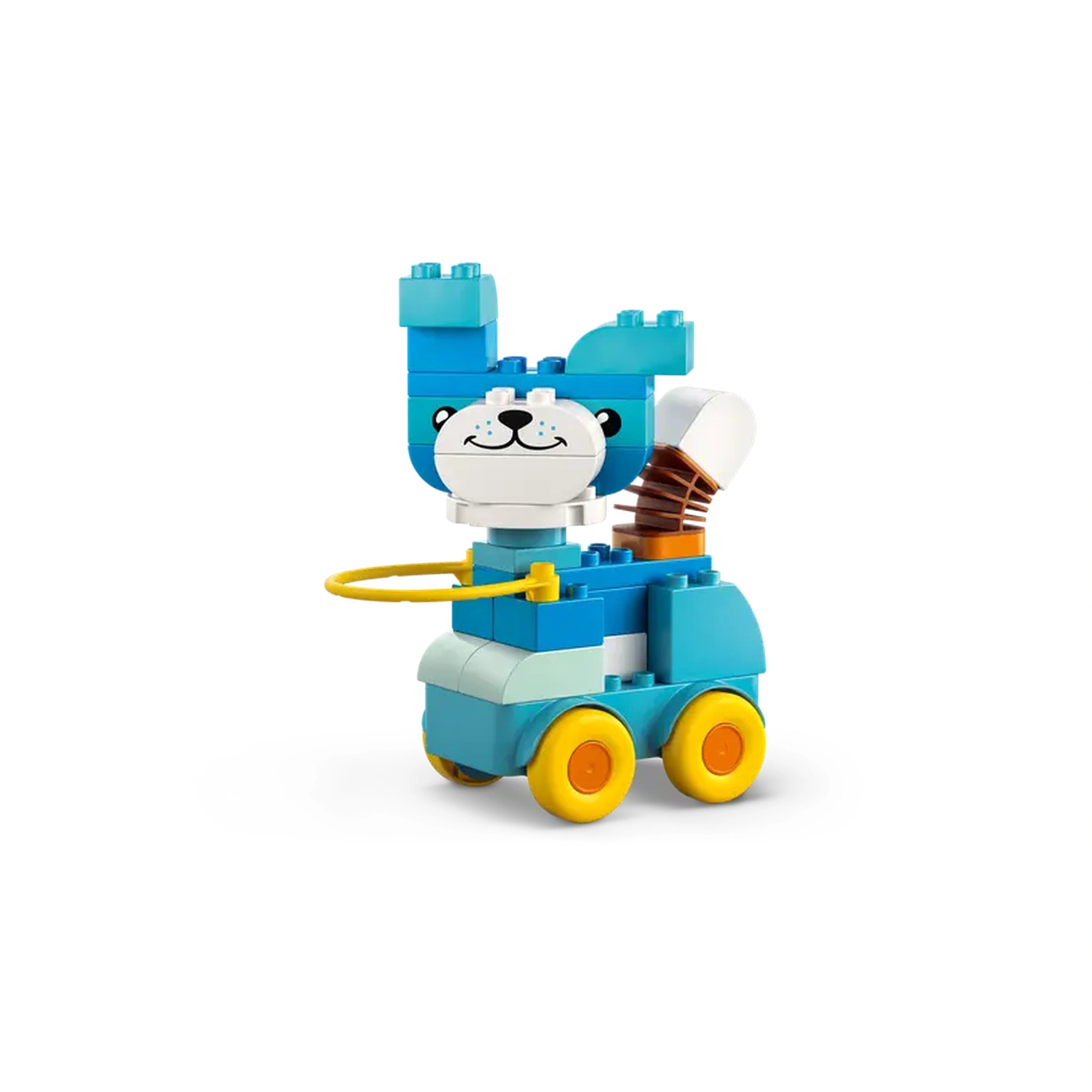 Blue and white LEGO animal figure, resembling a playful dog, on a yellow-wheeled base, featuring a flexible tail and cute facial features.