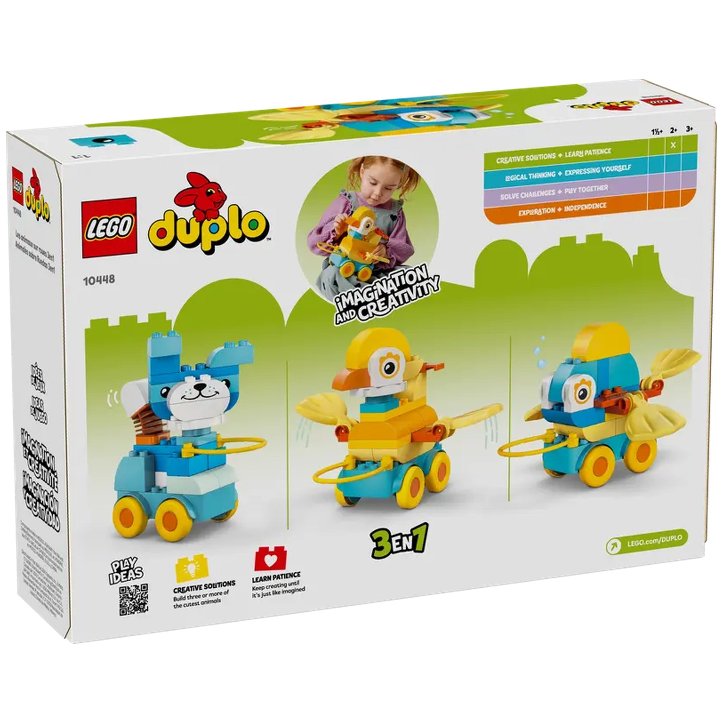 LEGO DUPLO 3in1 Animals on Wheels construction set featuring a playful duck, fish, and dog, all on colorful wheels.