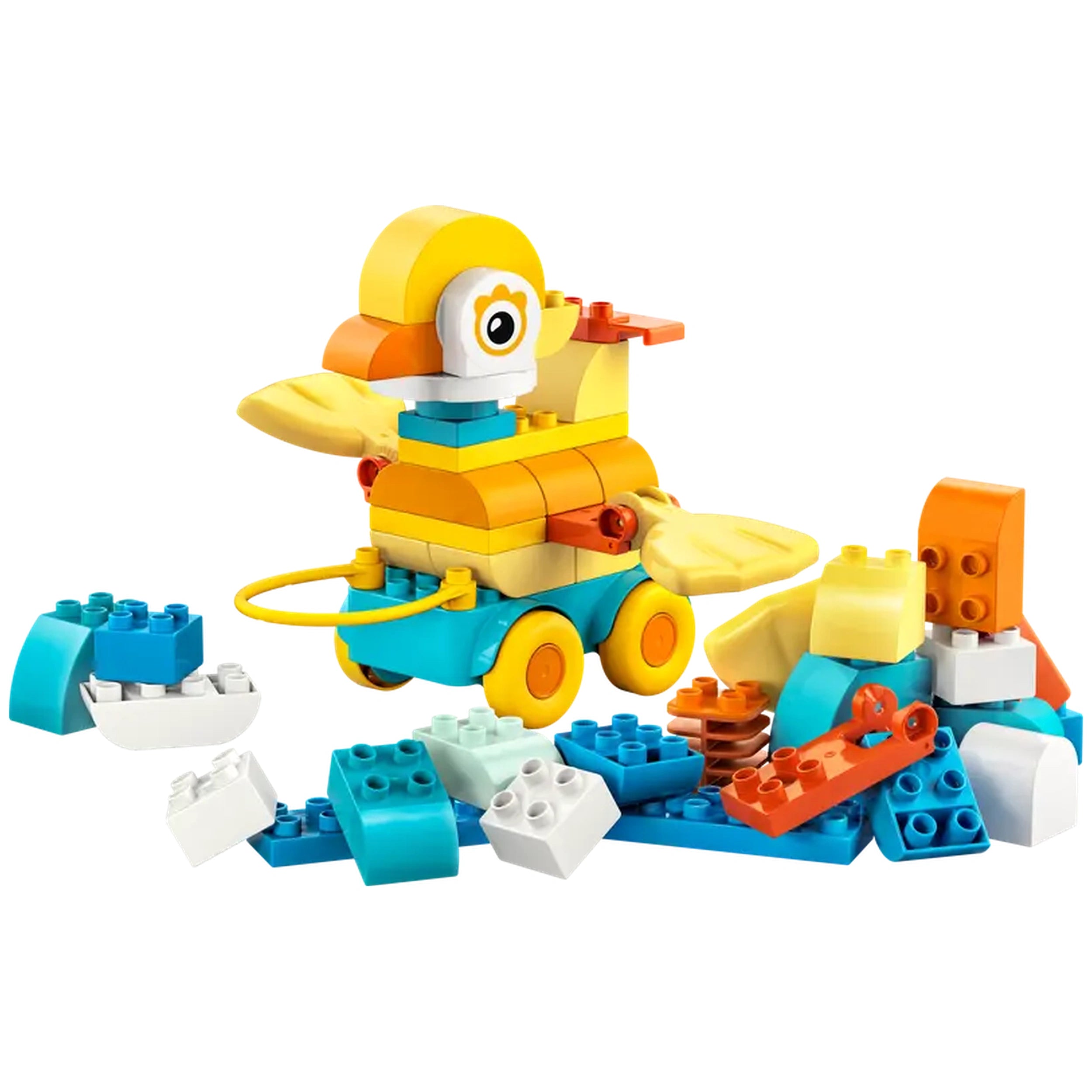 Colorful LEGO construction set featuring a duck on wheels, surrounded by various interlocking blocks in blue, orange, and white.