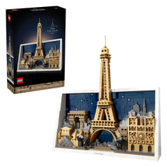 LEGO Architecture set featuring a detailed Eiffel Tower and cityscape against a dark blue nighttime background.