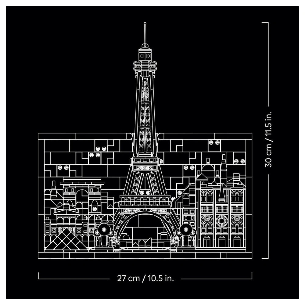 LEGO Architecture Paris set features a detailed black and white line drawing of the Eiffel Tower and surrounding buildings.