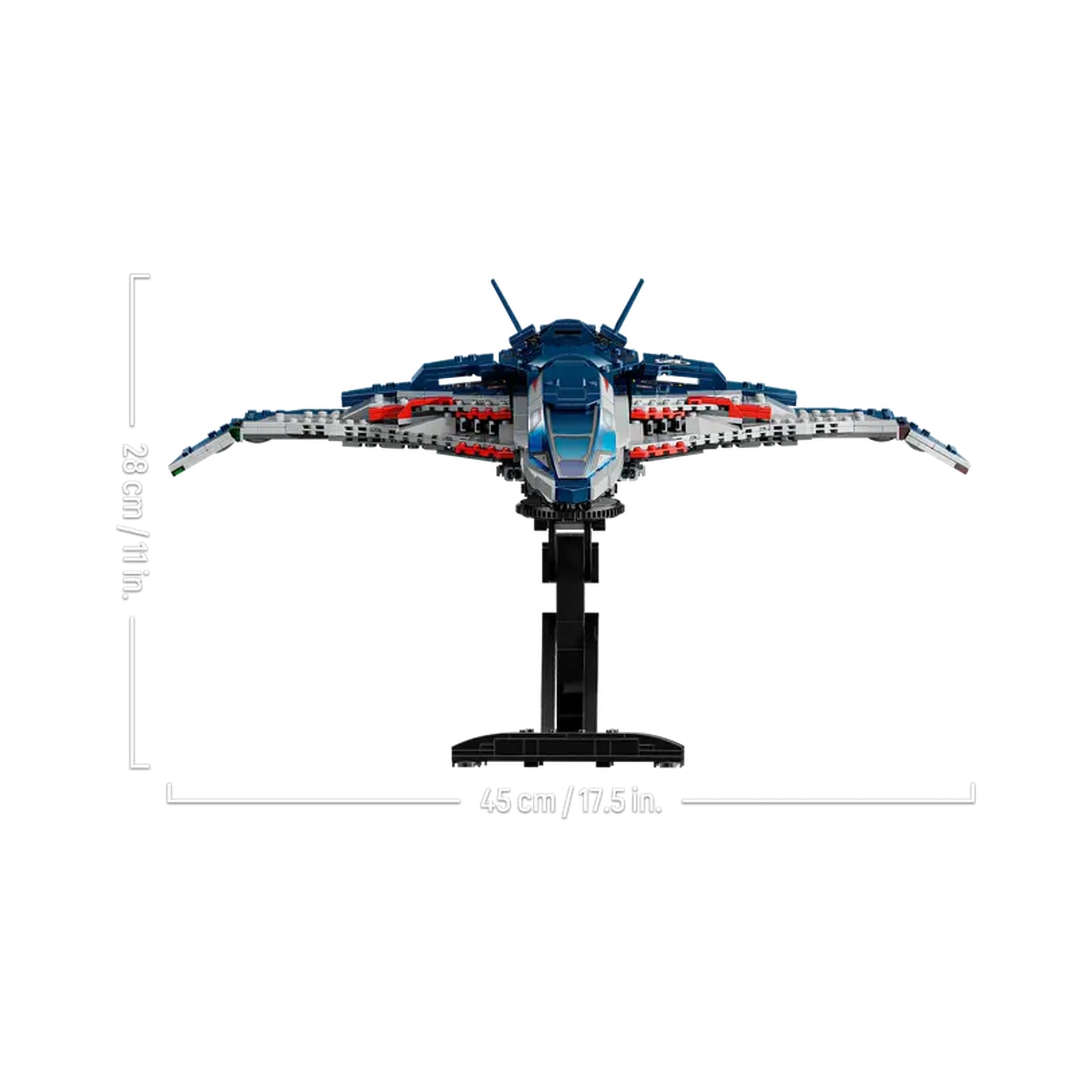 LEGO Quinjet model from Avengers: Age of Ultron, showcasing detailed design with blue, gray, and red elements, displayed upright.