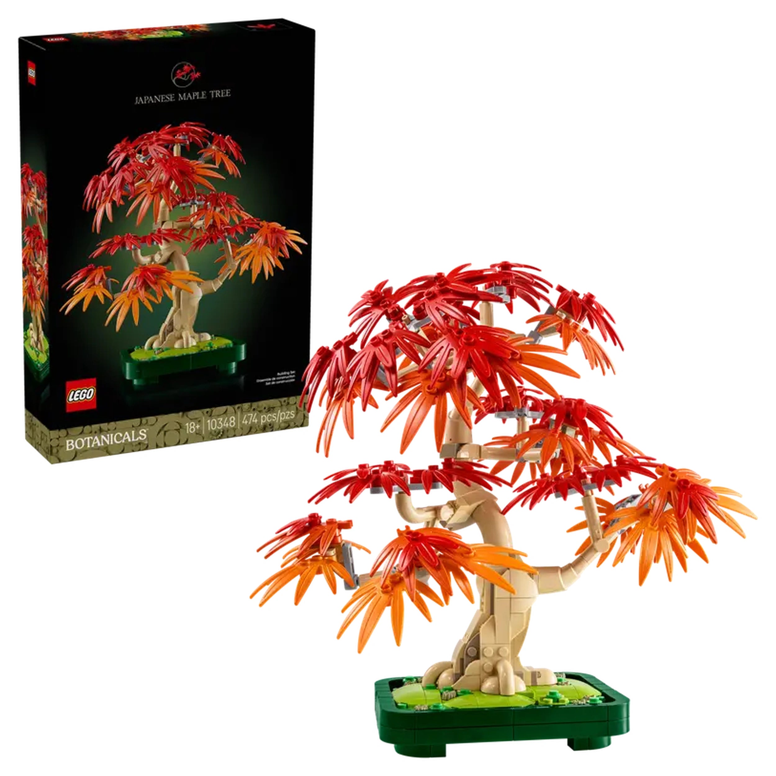 LEGO Botanicals Japanese Red Maple Bonsai Tree set with vibrant red and orange leaves, displayed on a green base with the box in the background.