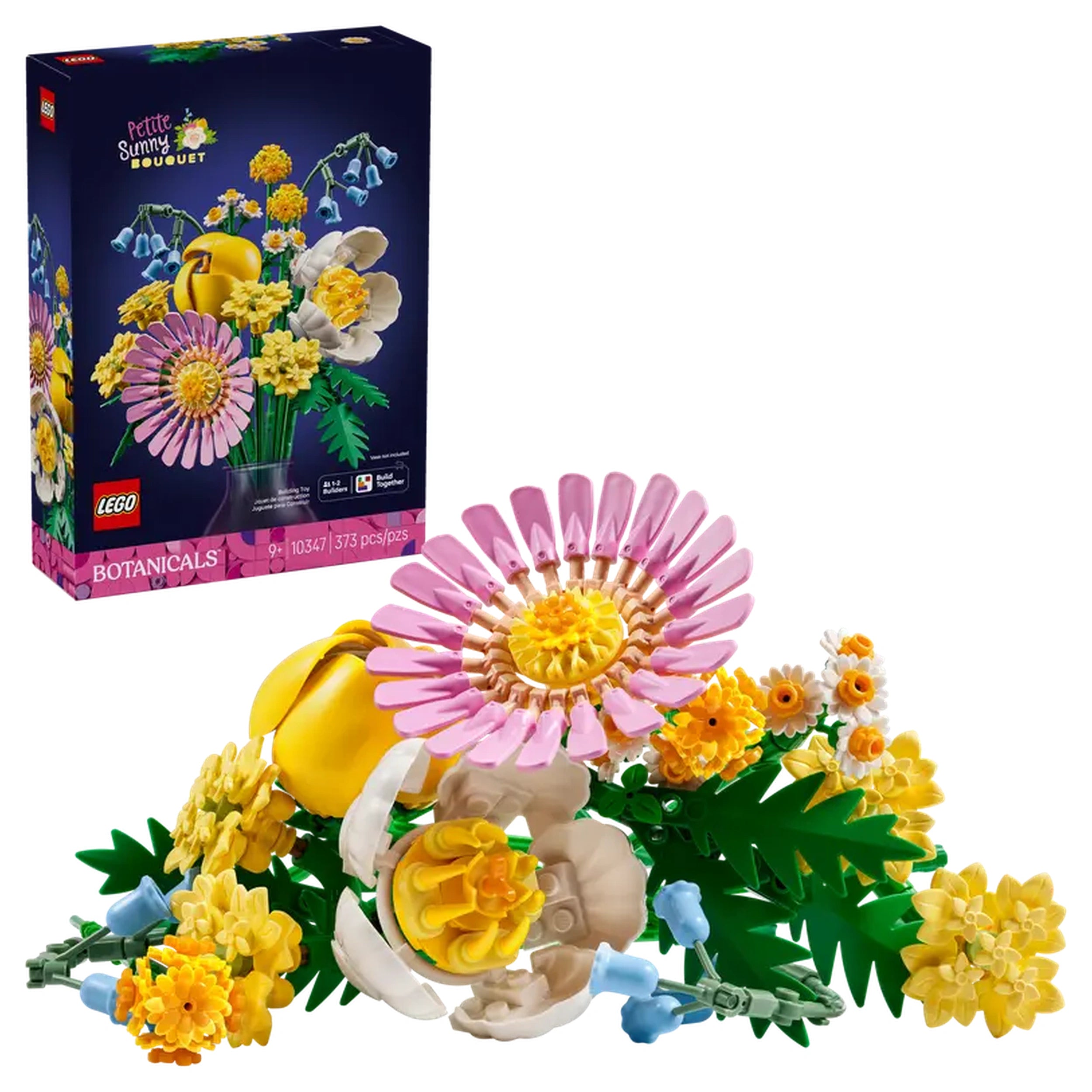 Colorful LEGO Botanicals Petite Sunny Bouquet set featuring a vibrant arrangement of yellow, pink, and blue flowers, alongside a decorative box.
