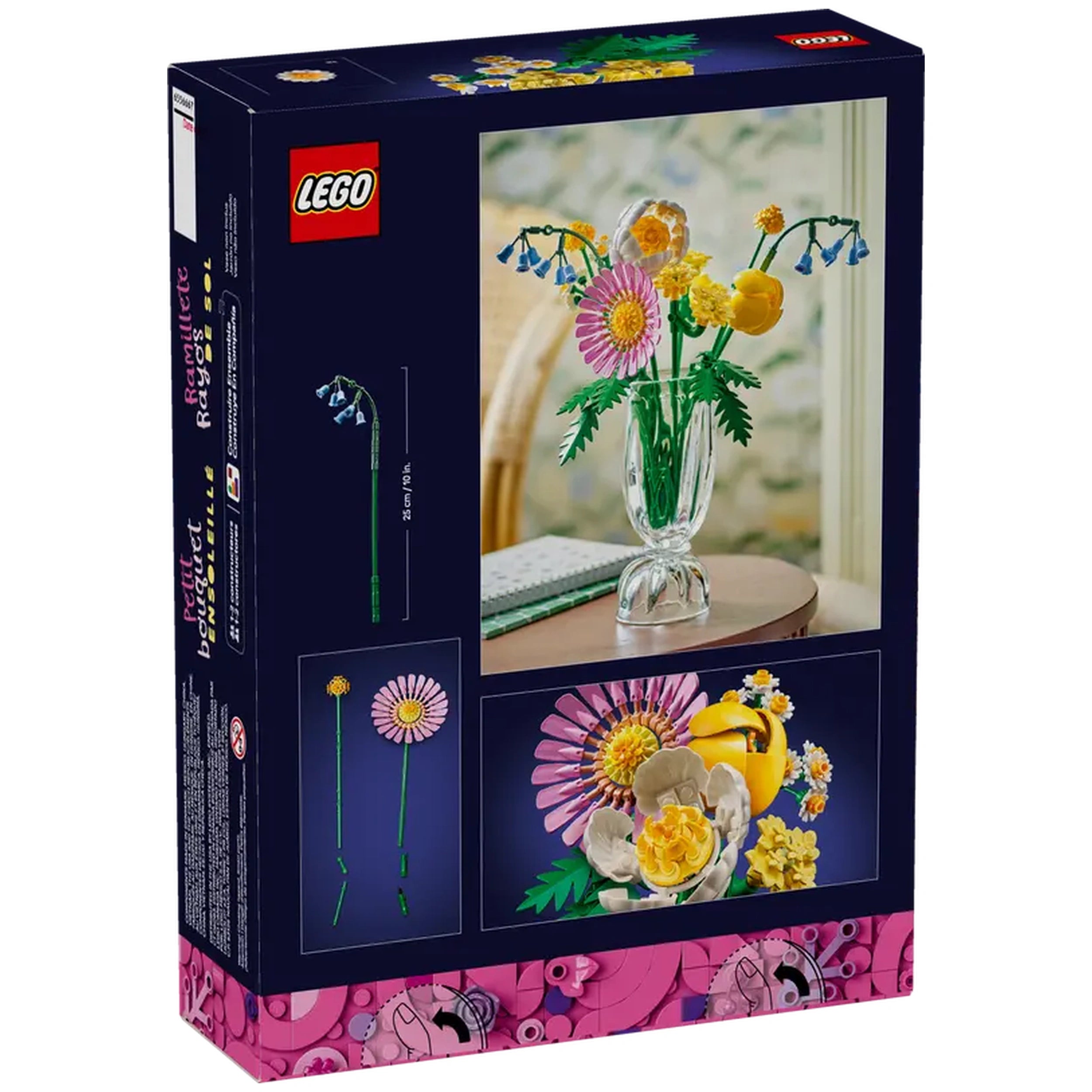LEGO Botanicals Petite Sunny Bouquet construction set packaging featuring vibrant flowers in a vase, design details, and crafting instructions.