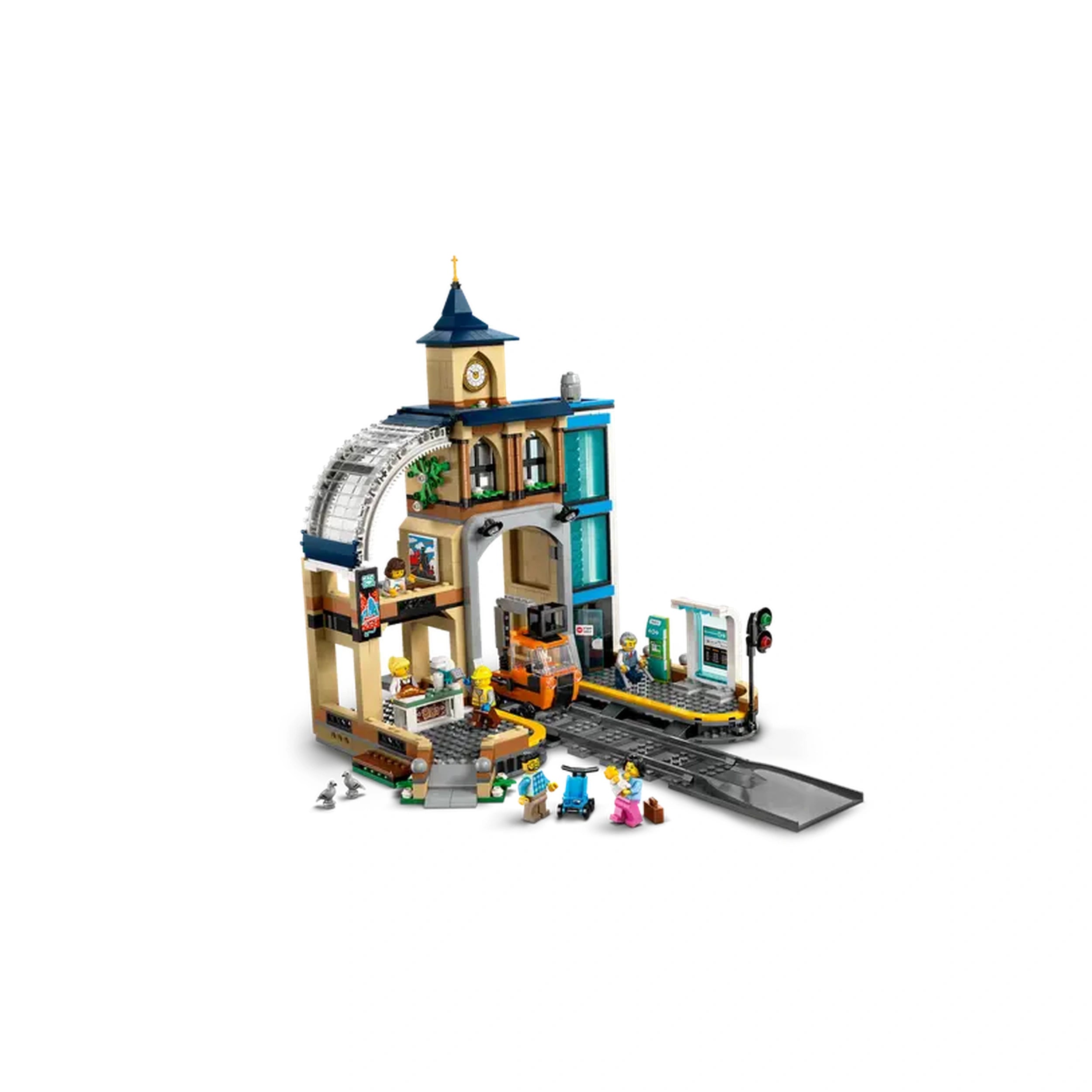 LEGO Central Train Station set featuring a three-level train station, colorful building elements, and mini-figures interacting at a busy platform.